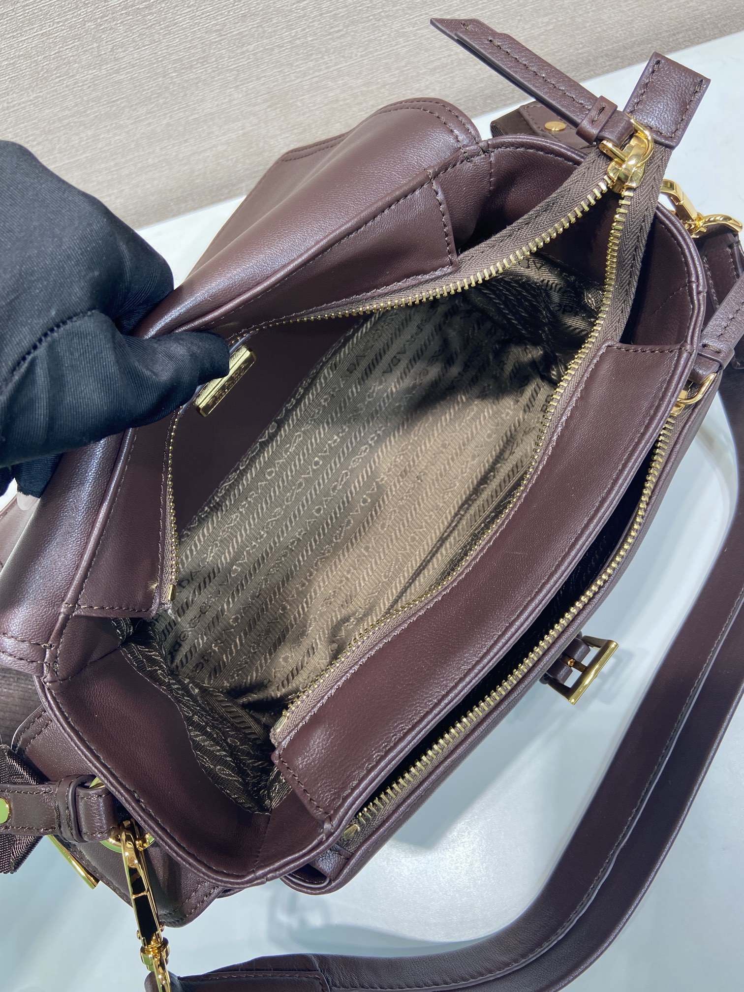 Bagsaaa Medium Pra*a Explore nappa leather shoulder bag with flap 1BD394 dark brown - 30cm