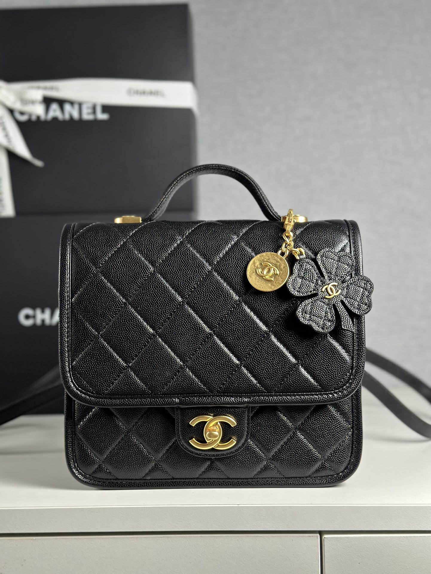 Bagsaaa Ch**el Backpack AS5715 Black Grained Shiny Calfskin - 22cm
