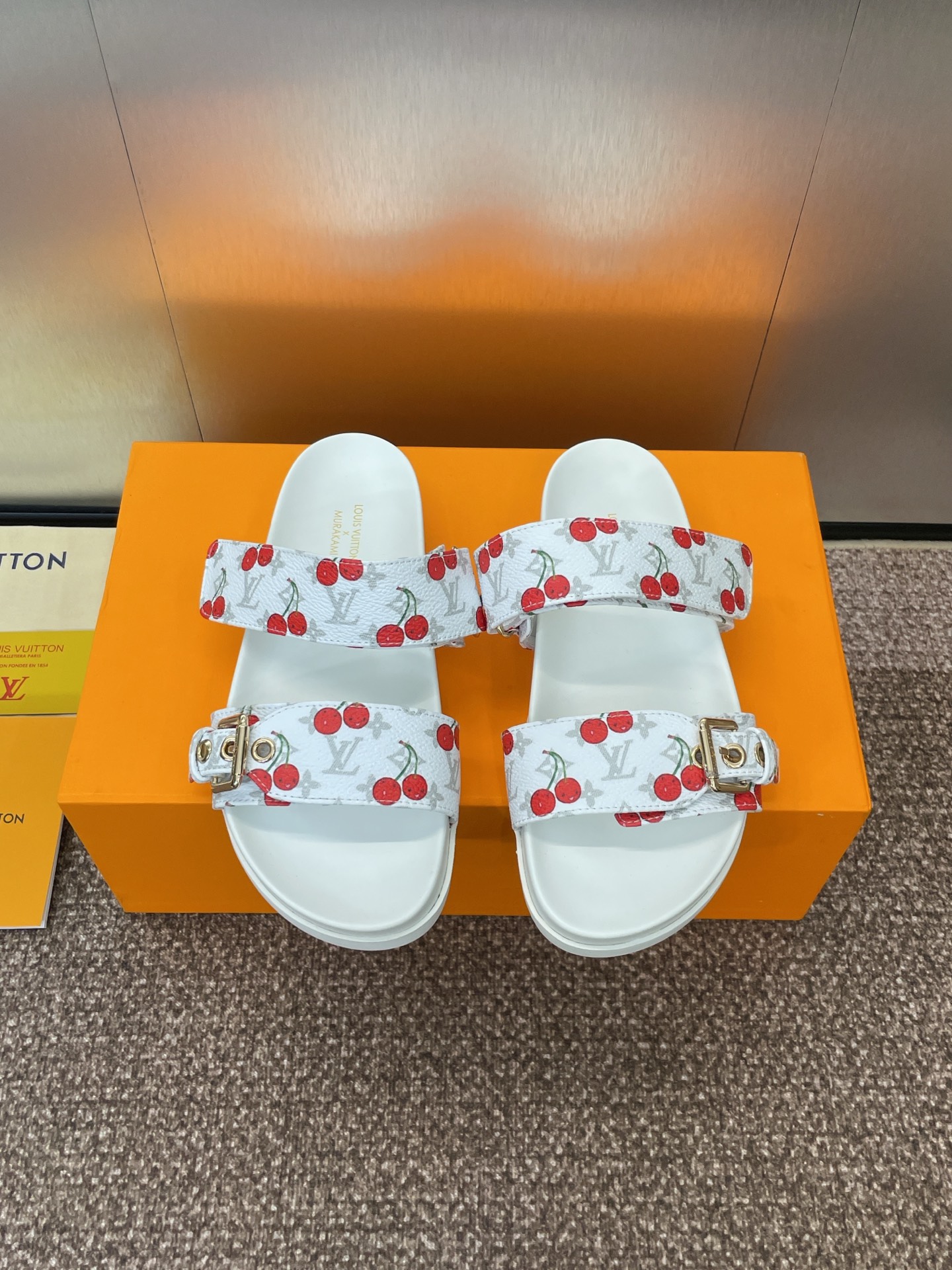 Bagsaaa LV x TM Bom Dia Flat Comfort Mule Monogram cherry white