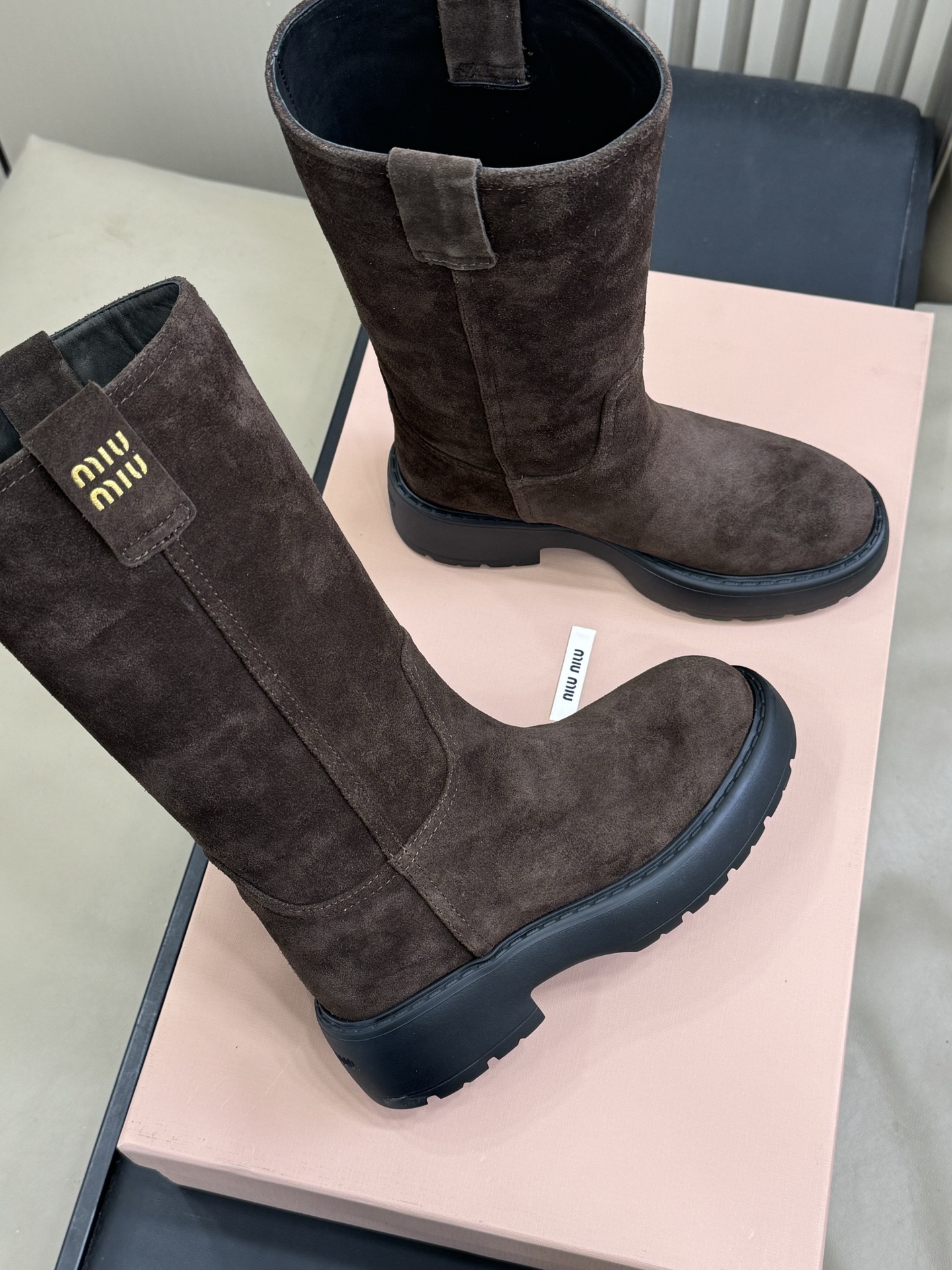 Bagsaaa Miu Miu suede boots dark brown