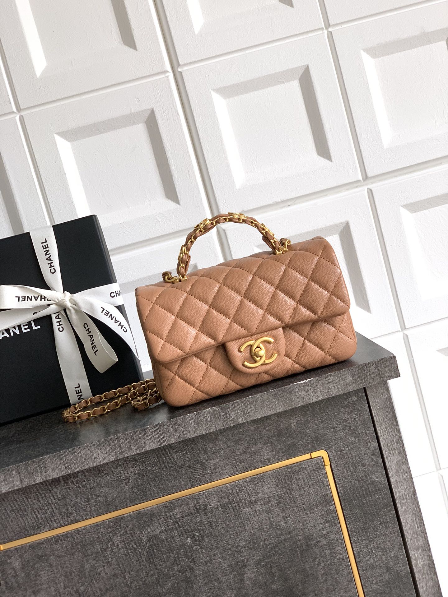 Bagsaaa Ch**el Mini Flap Bag with Top Handle AS5701 Camel - 19.5cm