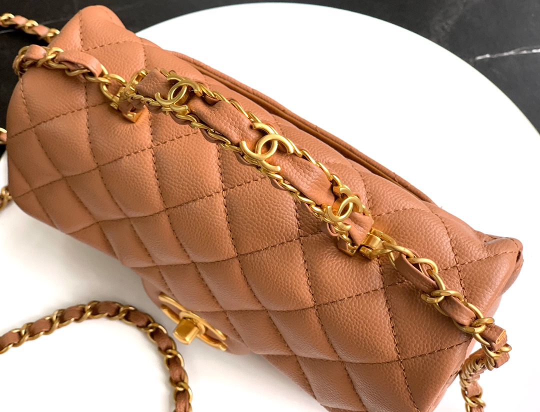 Bagsaaa Ch**el Mini Flap Bag with Top Handle AS5701 Camel - 19.5cm