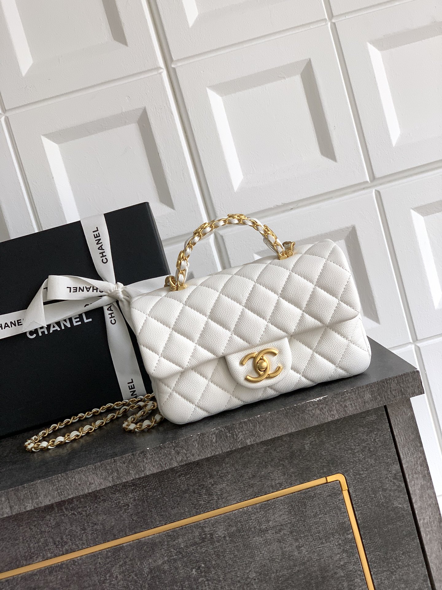 Bagsaaa Ch**el Mini Flap Bag with Top Handle AS5701 White - 19.5cm