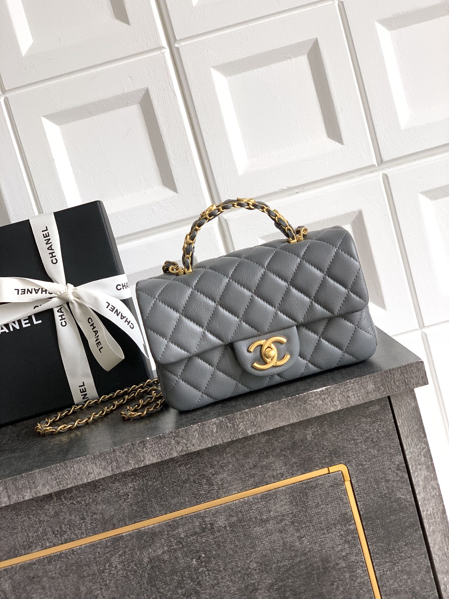Bagsaaa Ch**el Mini Flap Bag with Top Handle AS5701 Gray - 19.5cm