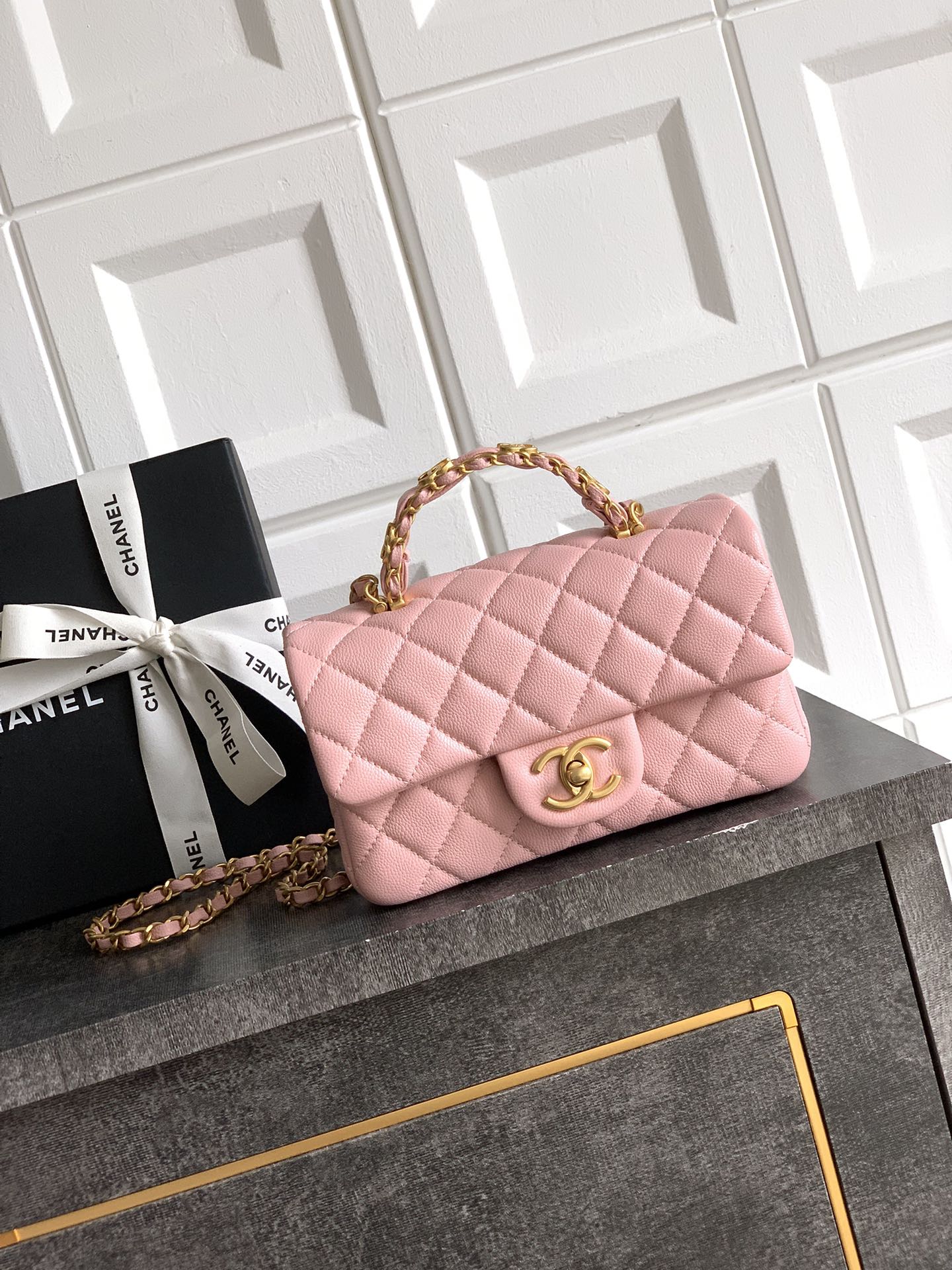 Bagsaaa Ch**el Mini Flap Bag with Top Handle AS5701 Pink - 19.5cm