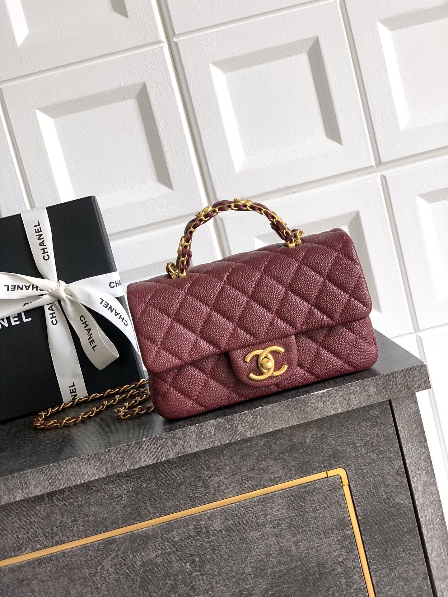 Bagsaaa Ch**el Mini Flap Bag with Top Handle AS5701 Red - 19.5cm