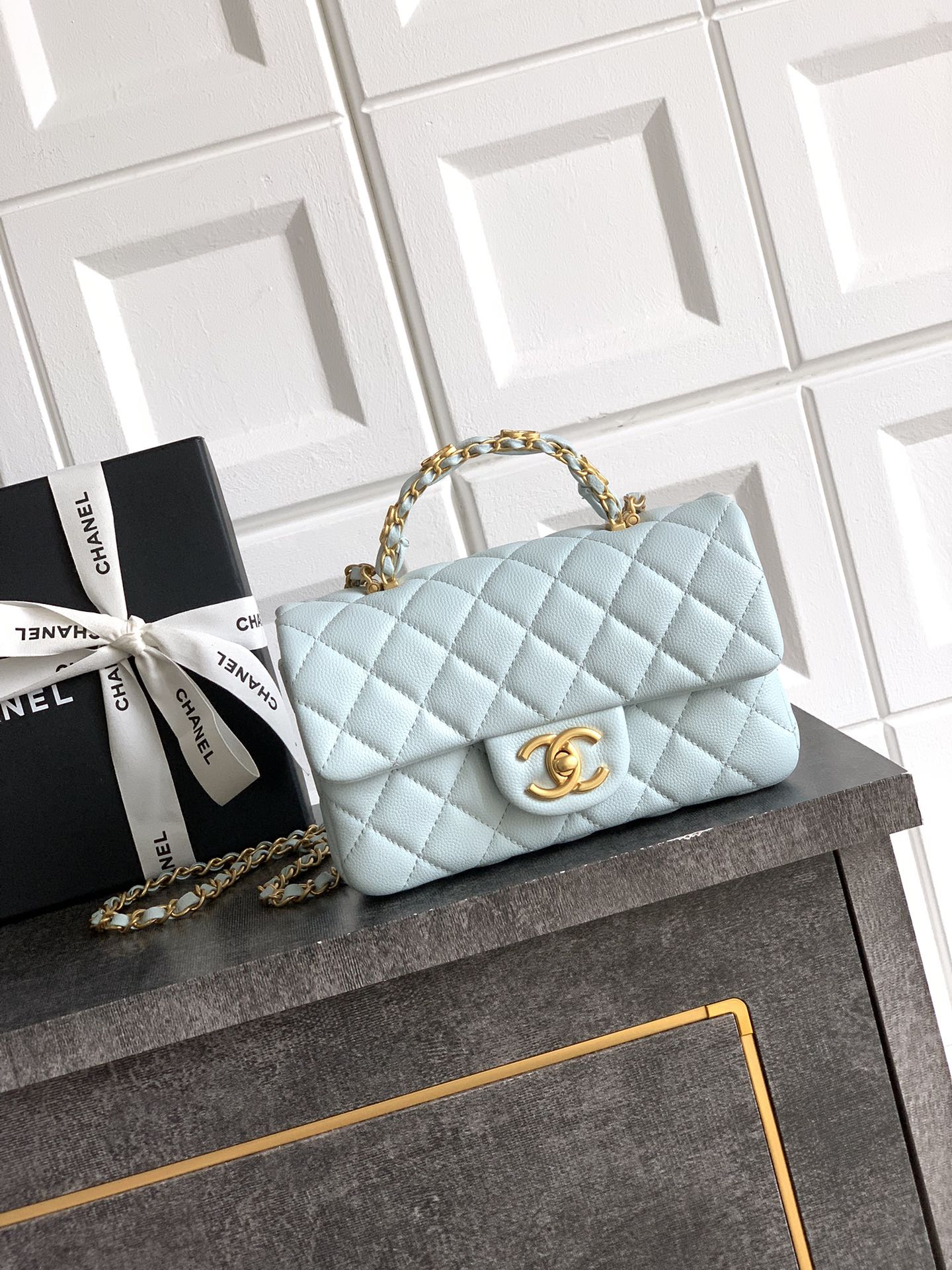 Bagsaaa Ch**el Mini Flap Bag with Top Handle AS5701 Light Blue - 19.5cm