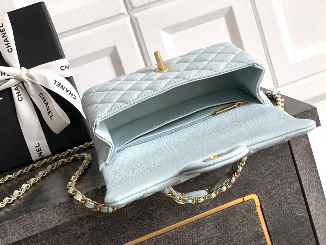 Bagsaaa Ch**el Mini Flap Bag with Top Handle AS5701 Light Blue - 19.5cm