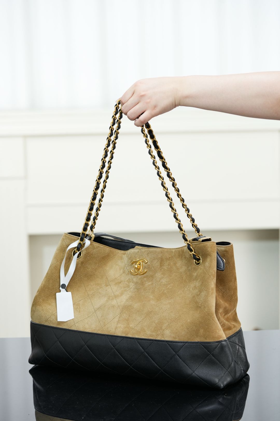 Bagsaaa Ch**el Shopping Bag AS5657 Beige & Black - 40cm