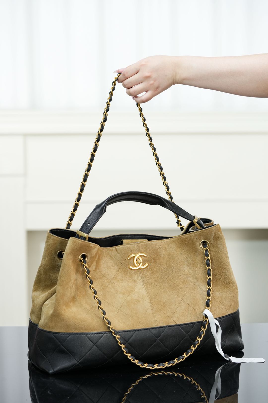 Bagsaaa Ch**el Shopping Bag AS5657 Beige & Black - 40cm