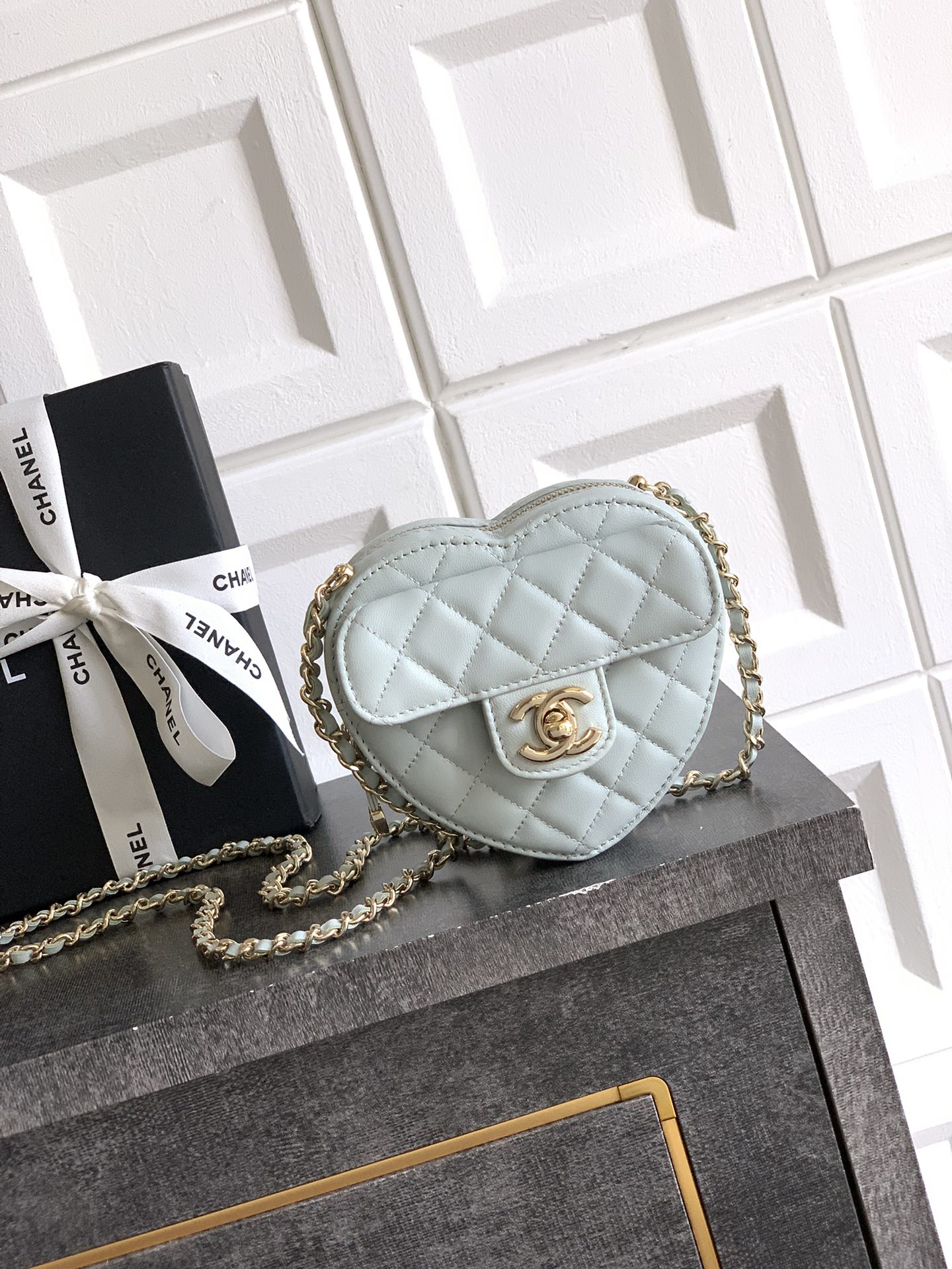 Bagsaaa Ch**el Heart Clutch with Chain AP2784 Light Blue - 13cm