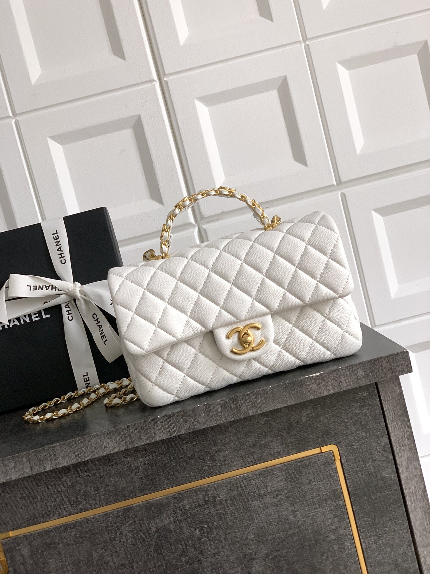 Bagsaaa Ch**el Small Flap Bag With Top Handle AS5702 White - 22.5cm