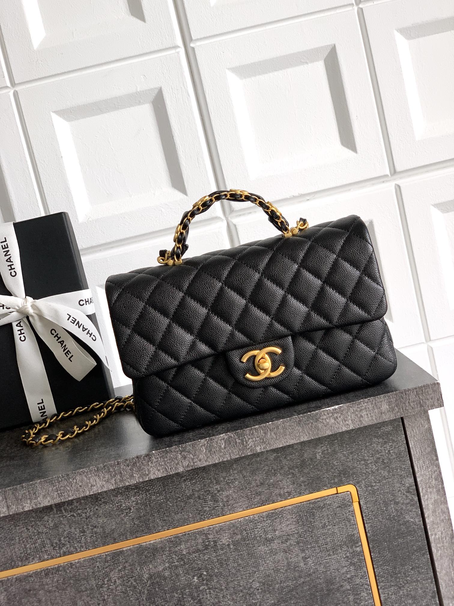 Bagsaaa Ch**el Small Flap Bag With Top Handle AS5702 Black - 22.5cm