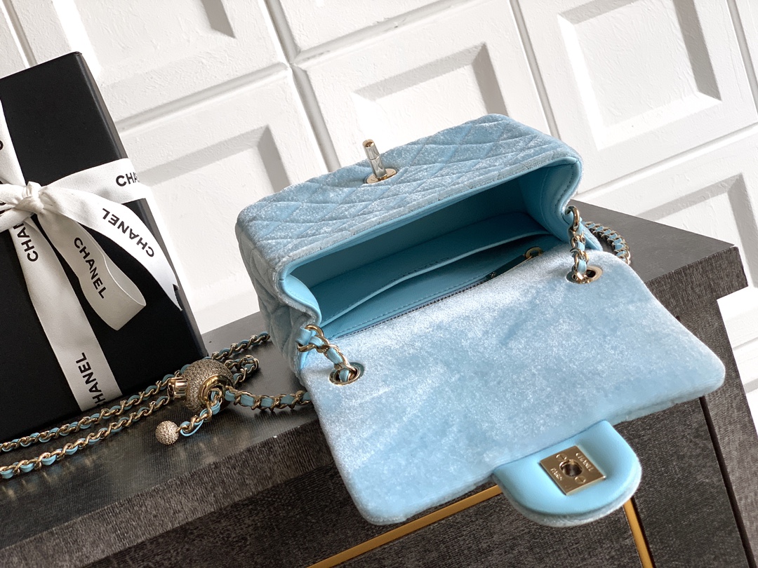 Bagsaaa Ch**el Mini Flap Bag AS1786 Blue Velvet - 18cm