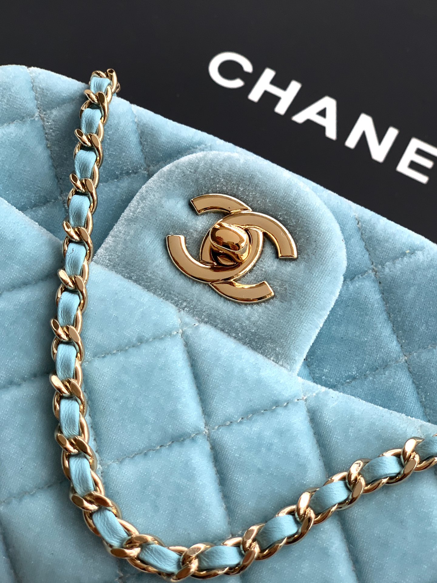 Bagsaaa Ch**el Mini Flap Bag AS1786 Blue Velvet - 18cm