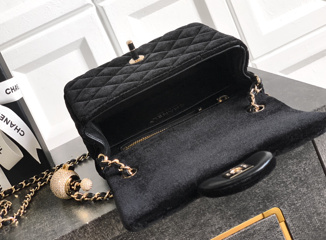 Bagsaaa Ch**el Mini Flap Bag AS1786 Black Velvet - 18cm