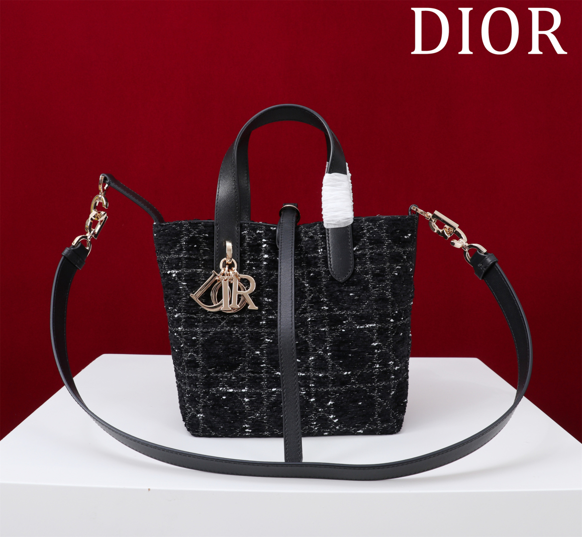 Bagsaaa Small D10r Toujours Vertical Tote Bag Black Tweed with White Cannage Motif - 18.5cm