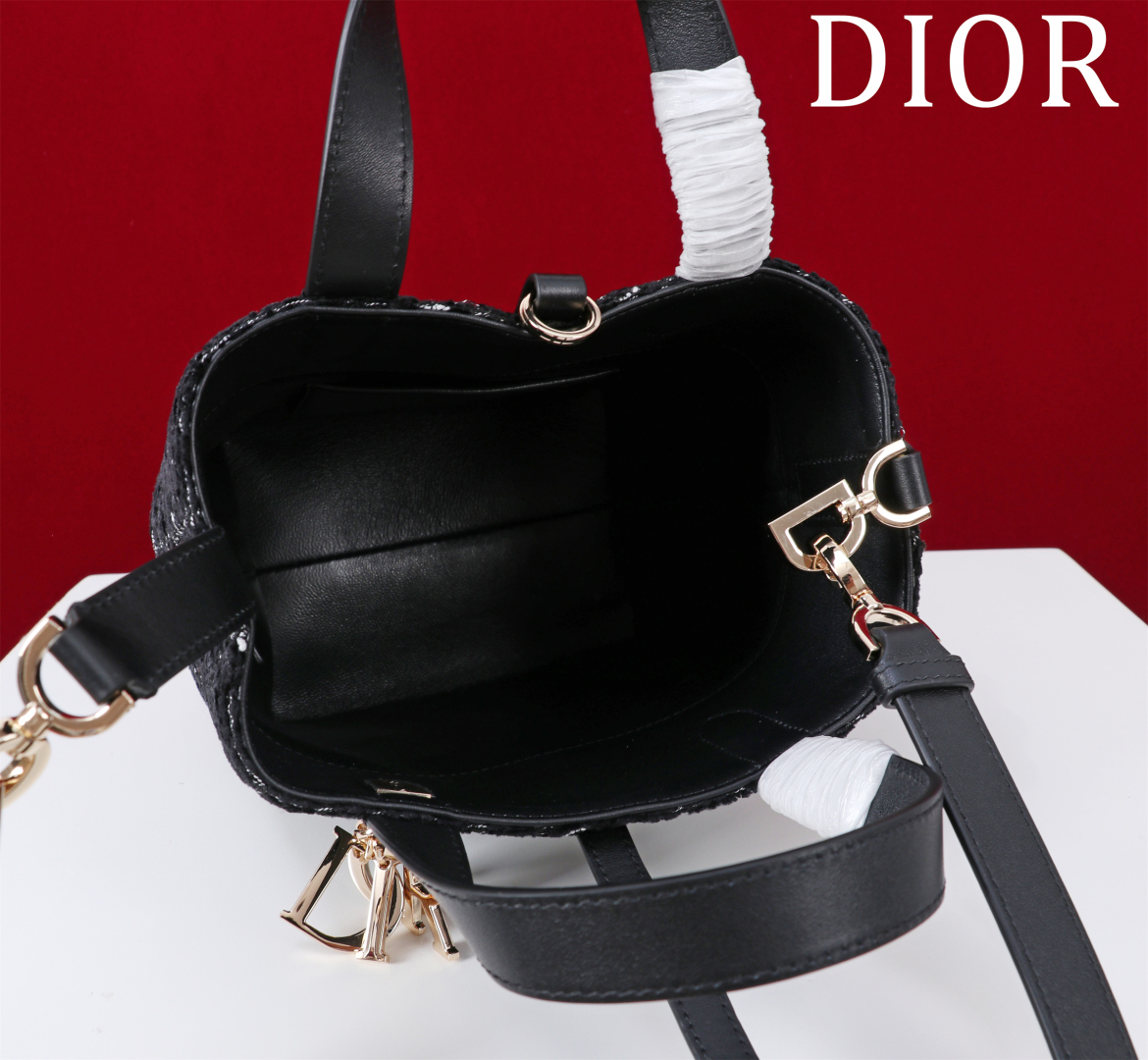 Bagsaaa Small D10r Toujours Vertical Tote Bag Black Tweed with White Cannage Motif - 18.5cm