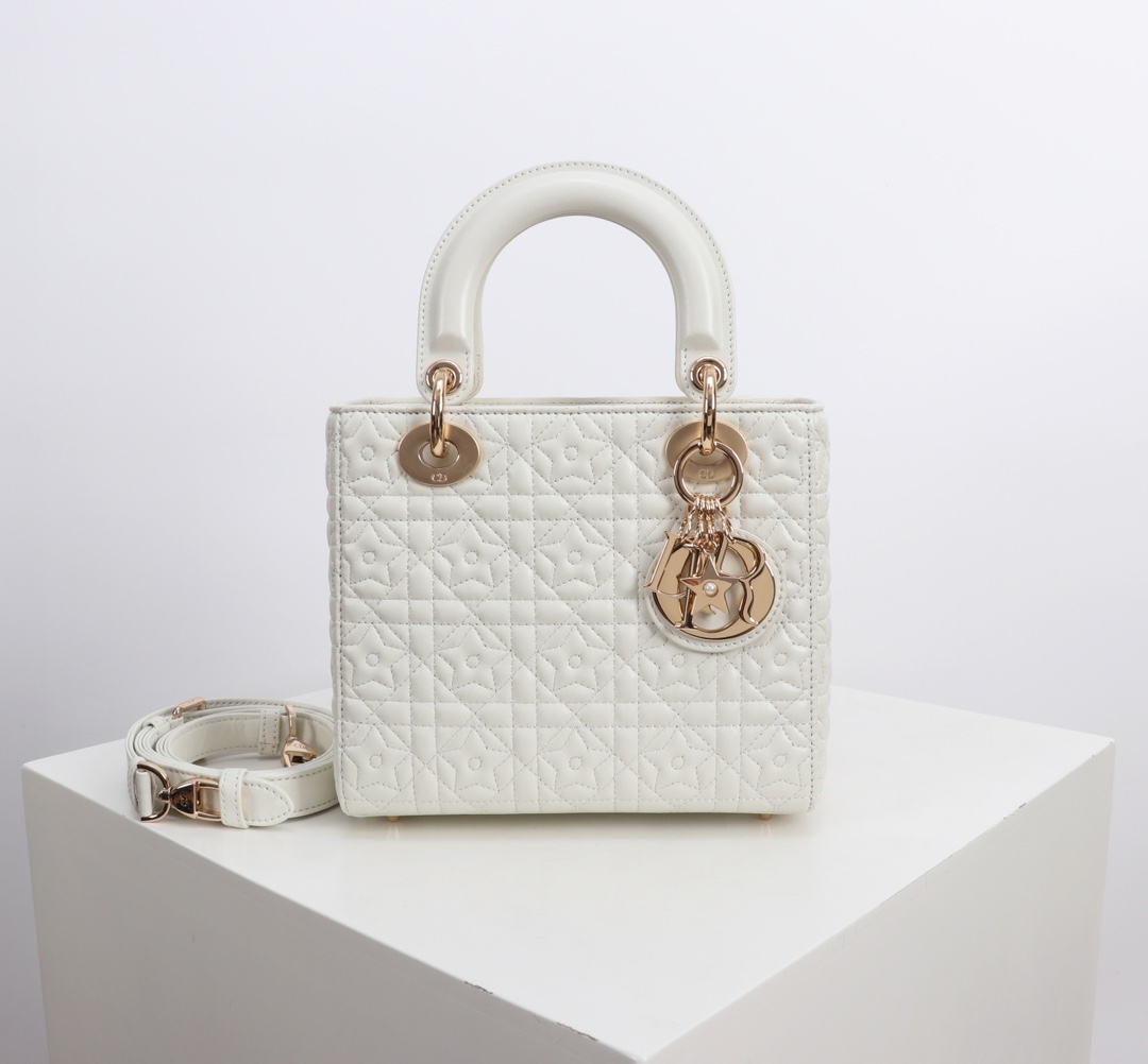 Bagsaa Small Lady D10r Bag White Cannage Lambskin with Star Motif - 20cm