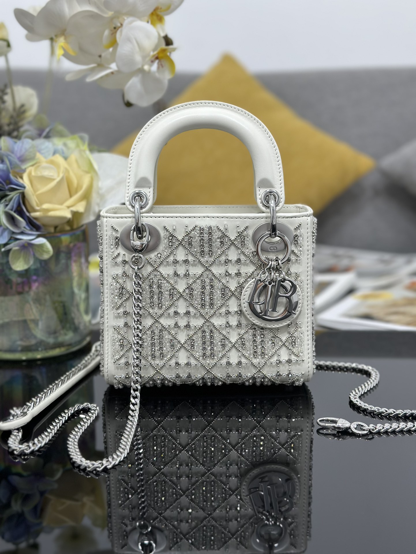 Bagsaaa Mini Lady D10r Bag Latte Calfskin Embroidered with beads and strass - 17cm