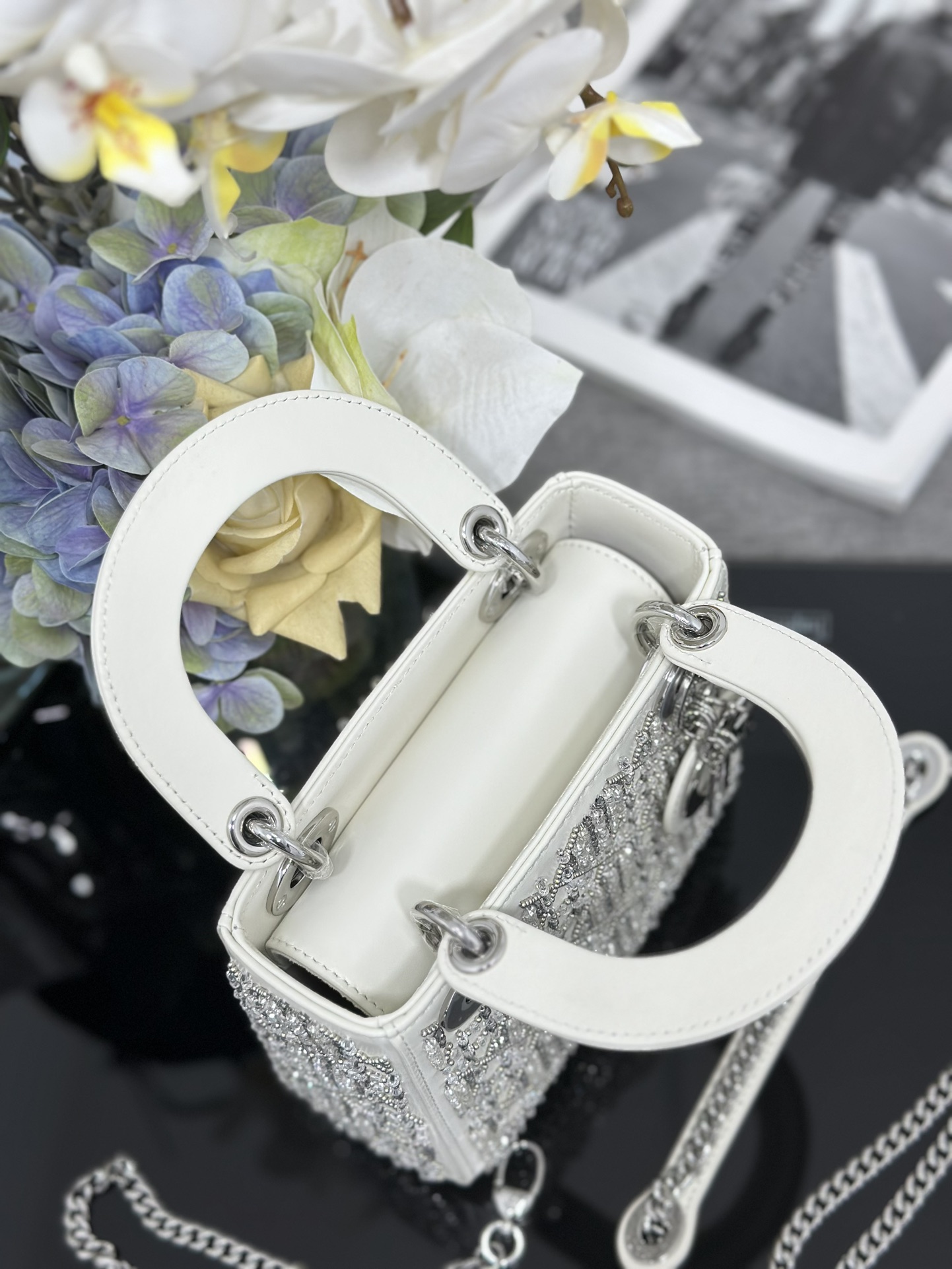 Bagsaaa Mini Lady D10r Bag Latte Calfskin Embroidered with beads and strass - 17cm