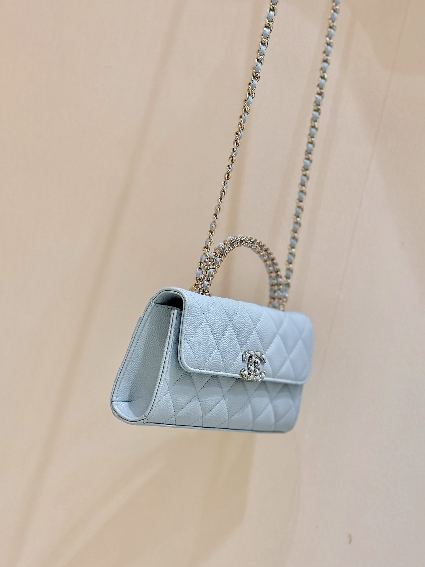 Bagsaaa Ch**el Phone Holder with Chain AP3238 Light Blue - 18cm