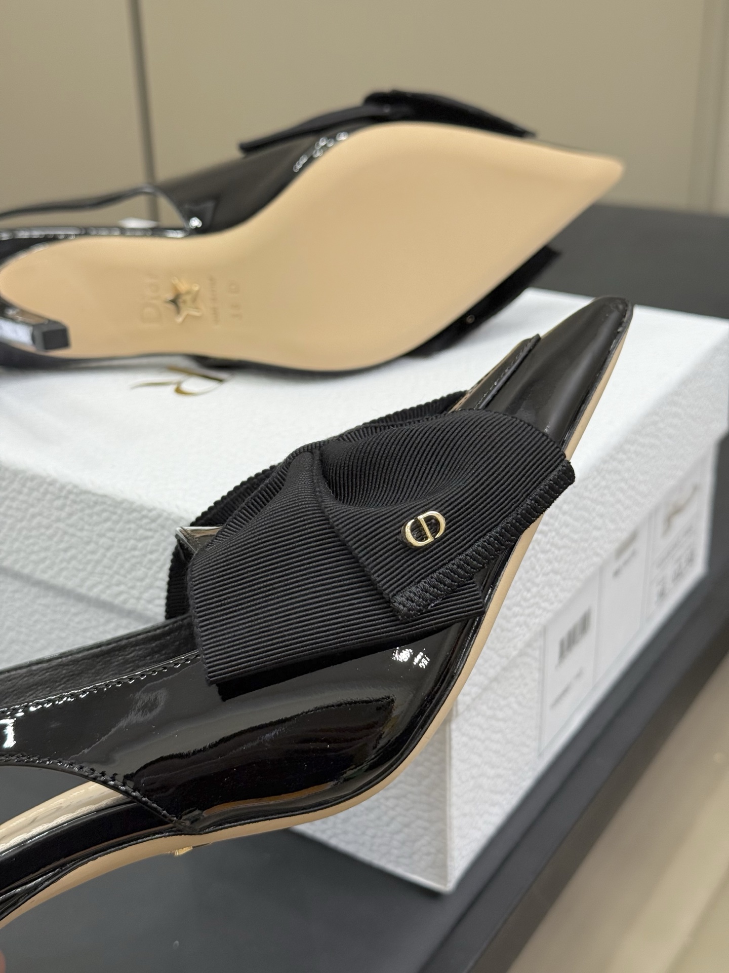 Bagsaaa D10rissimo Slingback Pump Black Patent Calfskin and Grosgrain - 8cm