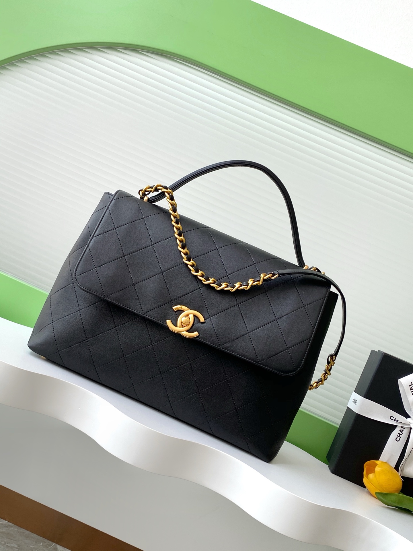 Bagsaaa Ch**el Maxi Flap Bag With Top Handle AS5543 Black - 37cm