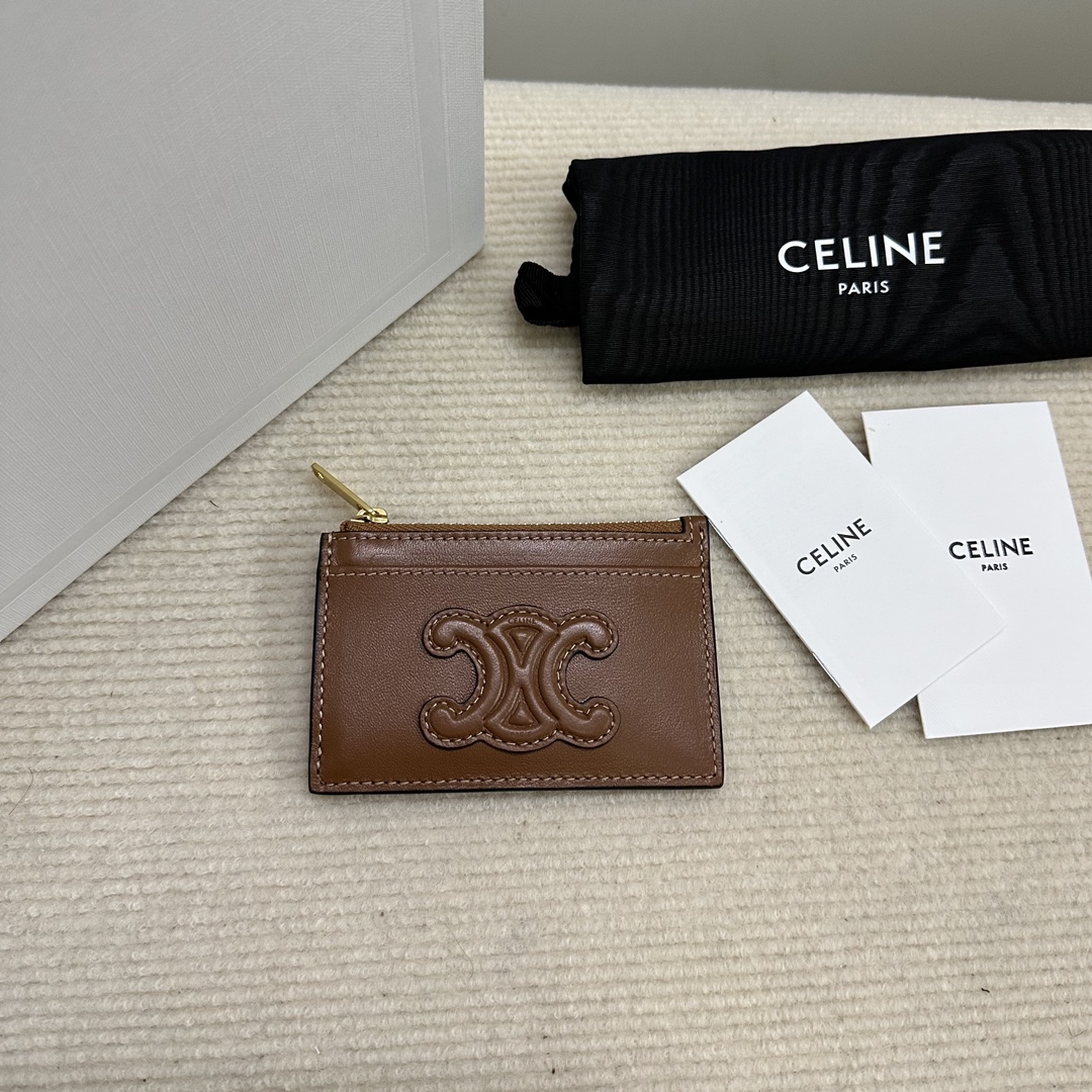 Bagsaaa Ce1i*e Zipped Card Holder Cuir Triomphe In Shiny Calfskin brown - 11cm