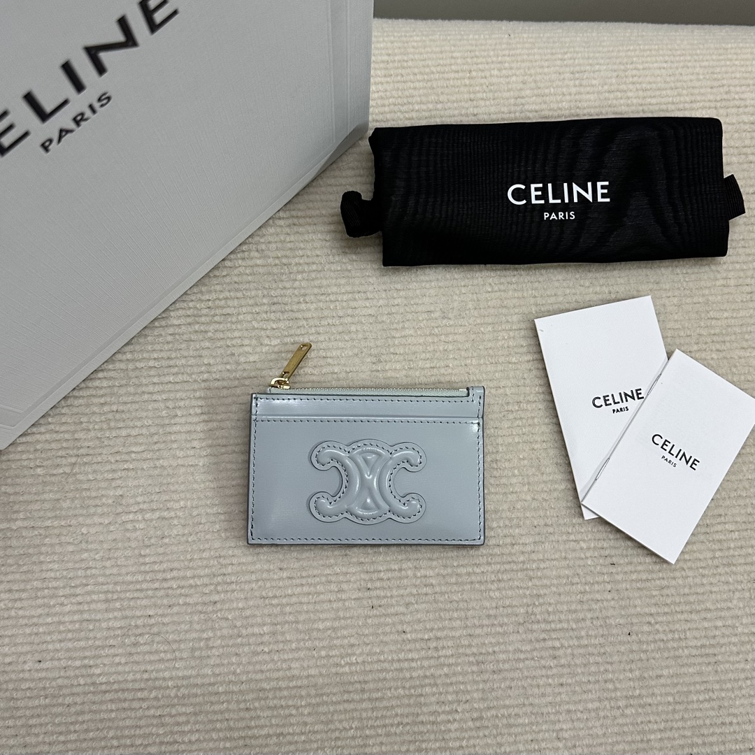 Bagsaaa Ce1i*e Zipped Card Holder Cuir Triomphe In Shiny Calfskin blue - 11cm