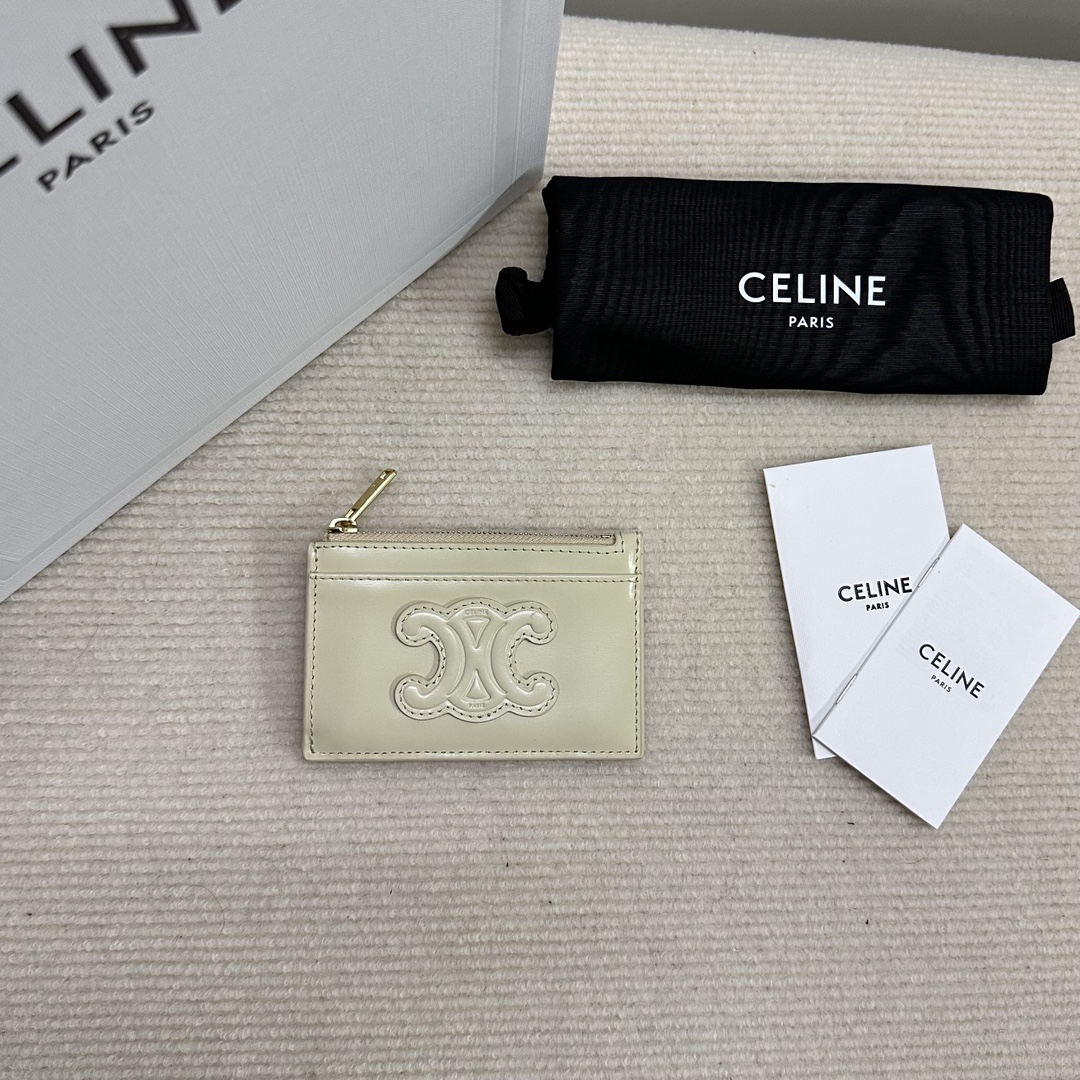Bagsaaa Ce1i*e Zipped Card Holder Cuir Triomphe In Shiny Calfskin cream - 11cm
