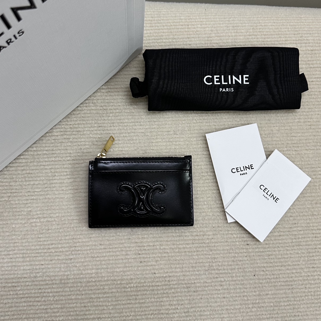 Bagsaaa Ce1i*e Zipped Card Holder Cuir Triomphe In Shiny Calfskin black - 11cm