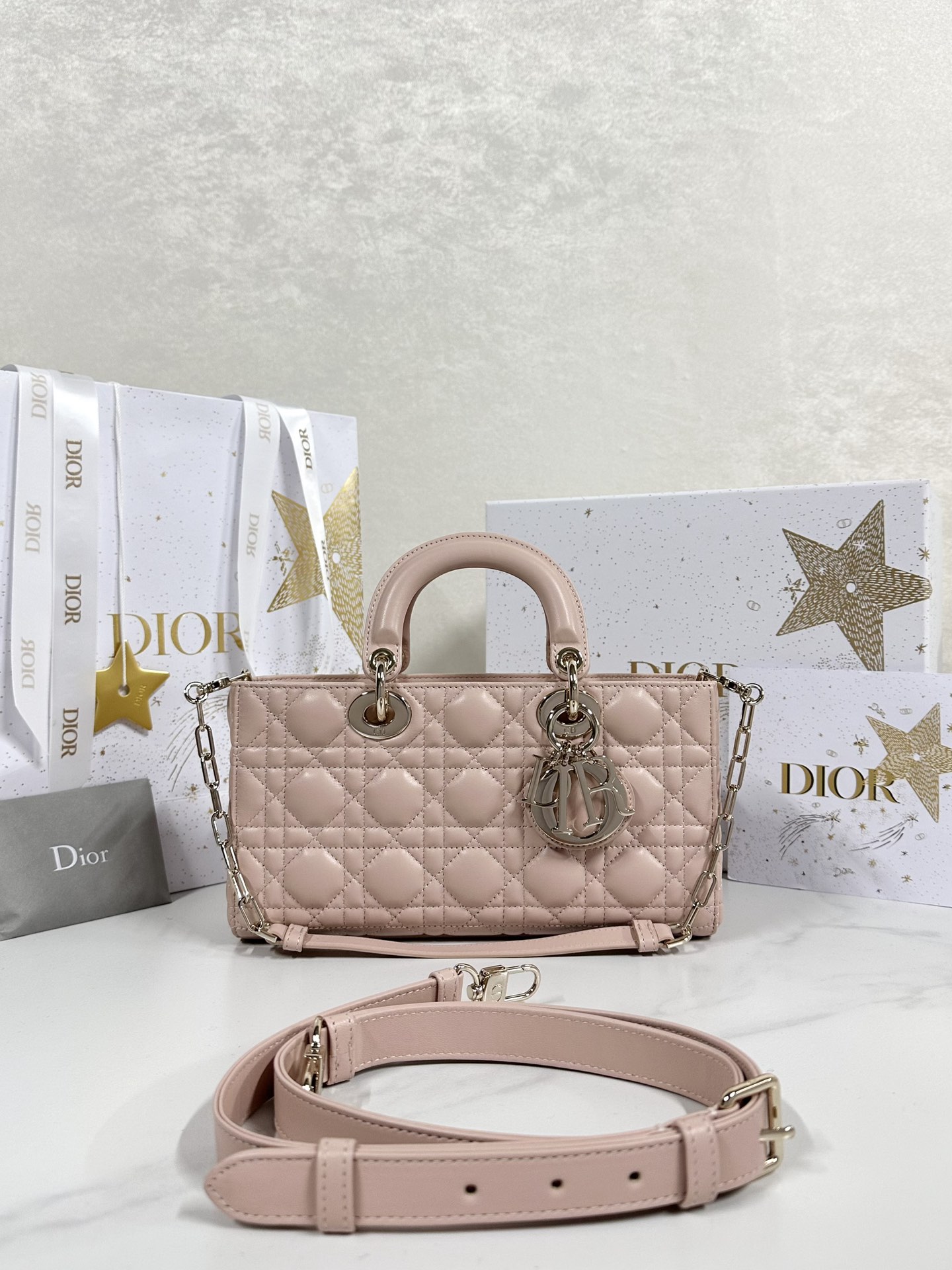Bagsaaa D10r Medium Lady D-Joy Bag Pink Cannage Lambskin - 26cm