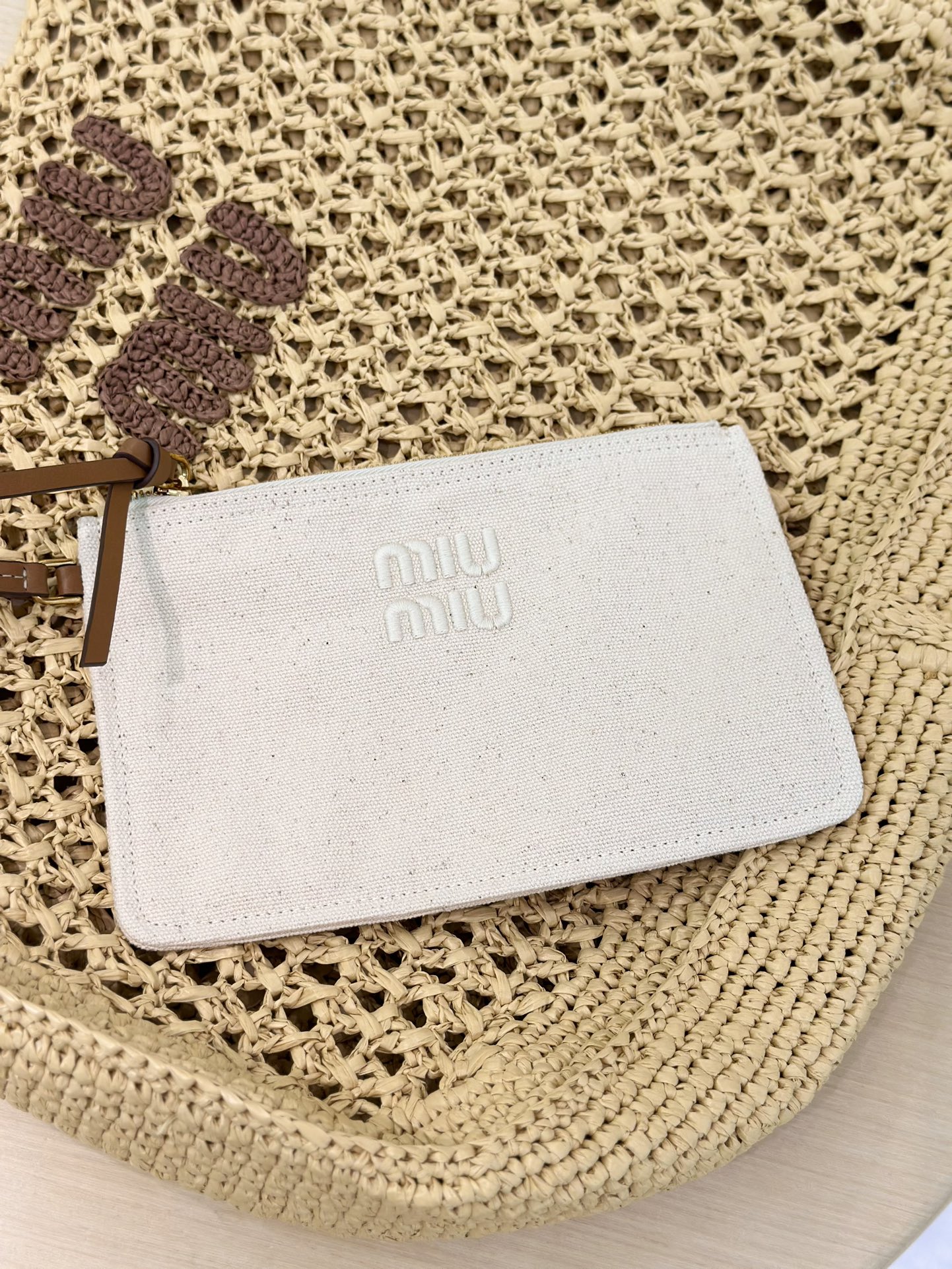 Bagsaaa Miu Miu Logo-Embroidered Cotton-Knit Tote Bag Beige - 44cm