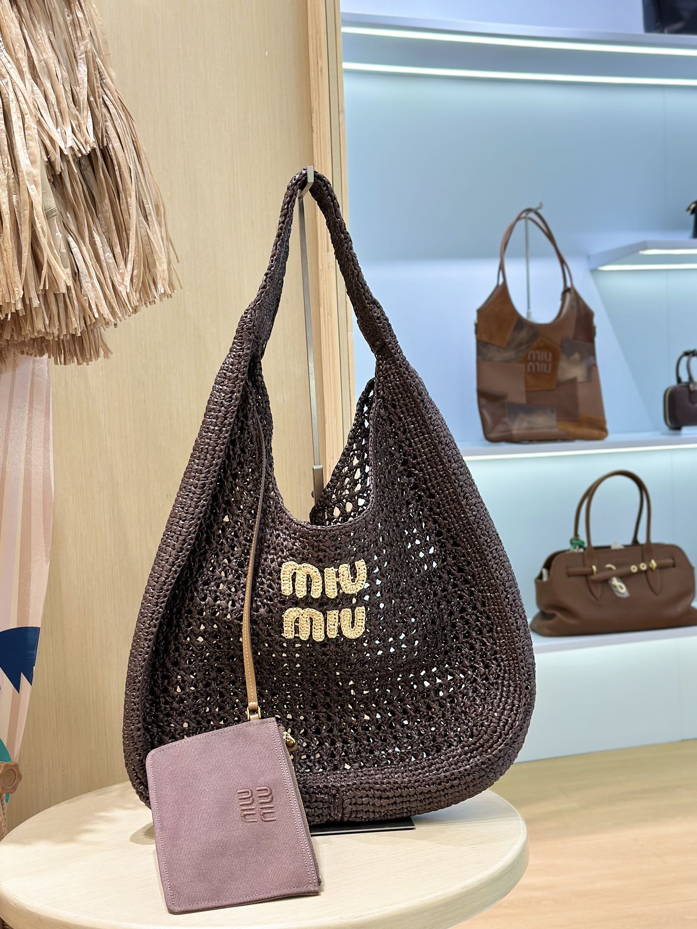 Bagsaaa Miu Miu Logo-Embroidered Cotton-Knit Tote Bag Dark Brown - 44cm