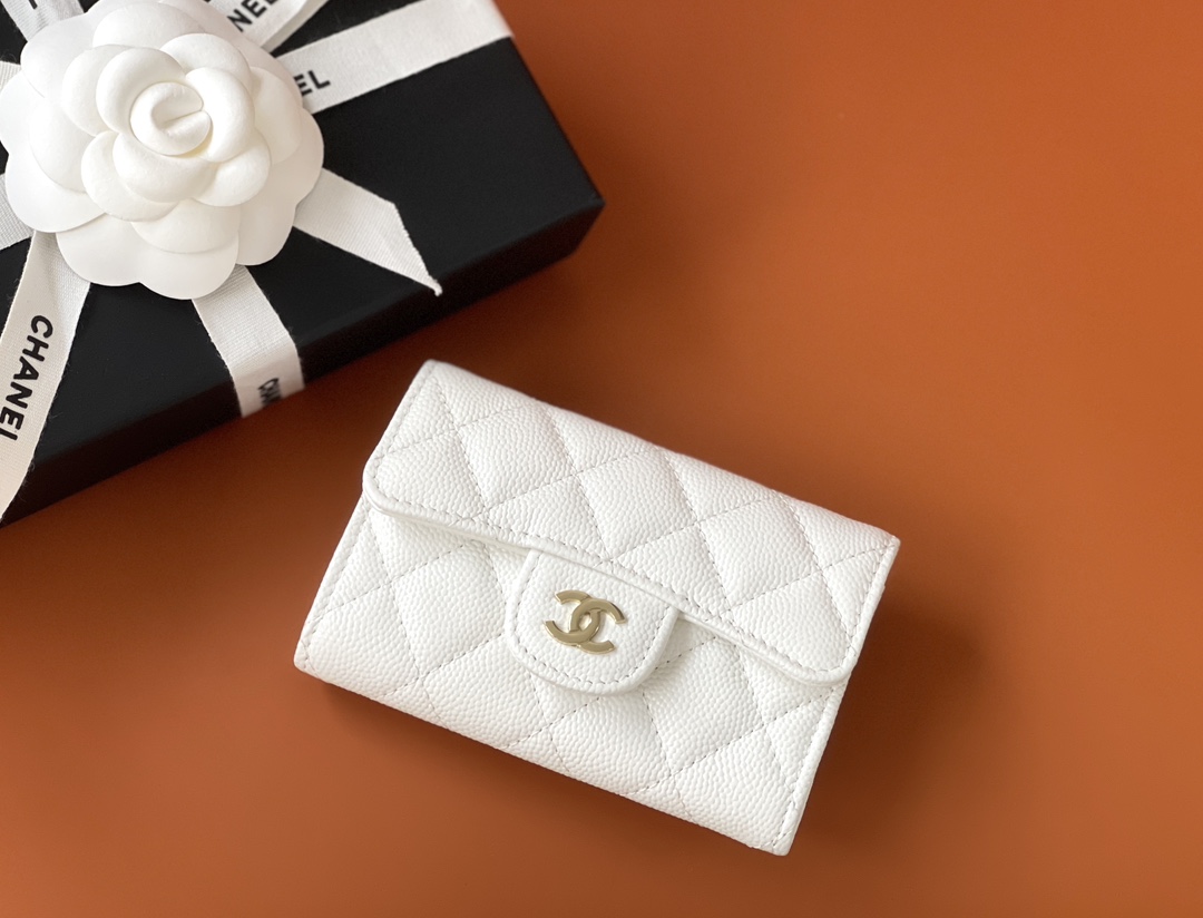 Bagsaaa Ch**el Classic Card Holder Grained Calfskin White - 11.3cm