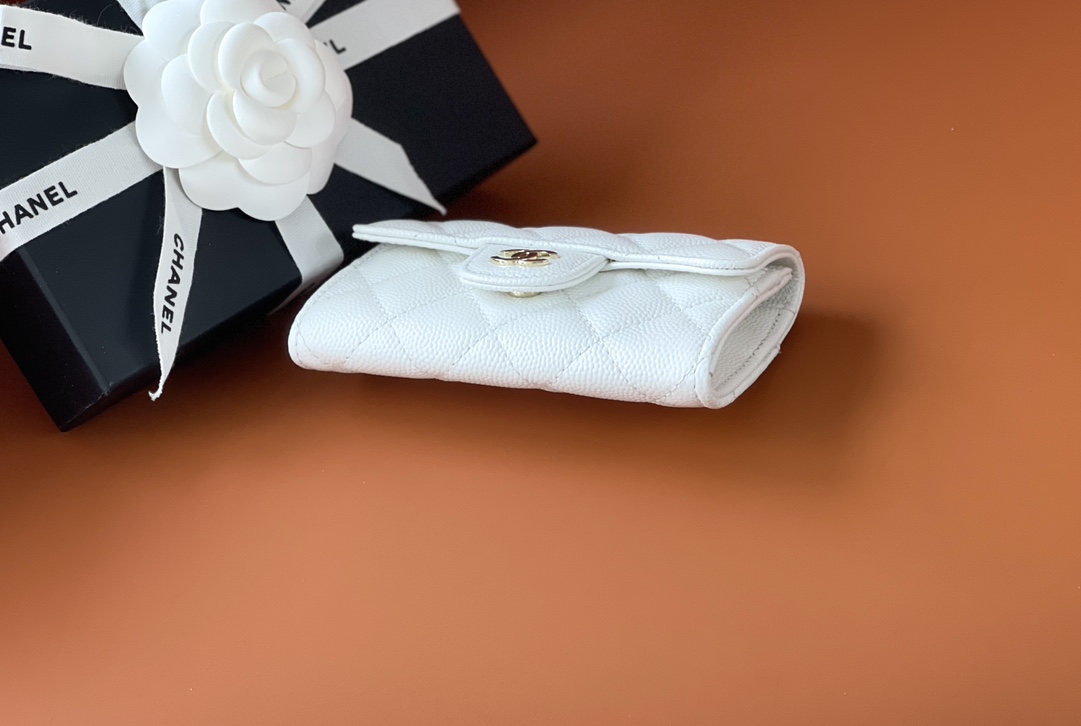 Bagsaaa Ch**el Classic Card Holder Grained Calfskin White - 11.3cm