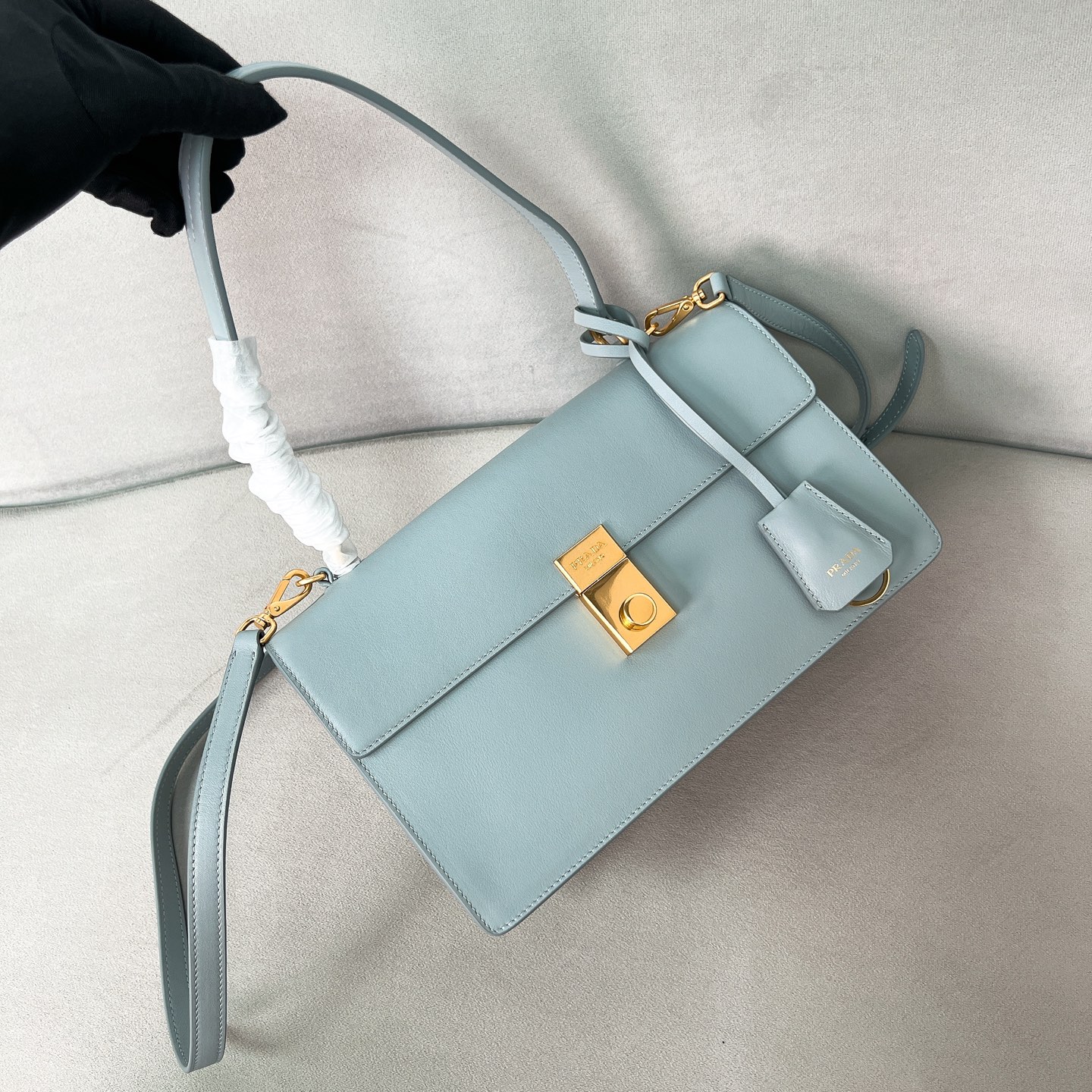 Bagsaaa Pra*a Soft Sound medium leather shoulder bag 1BN023 light blue - 28cm