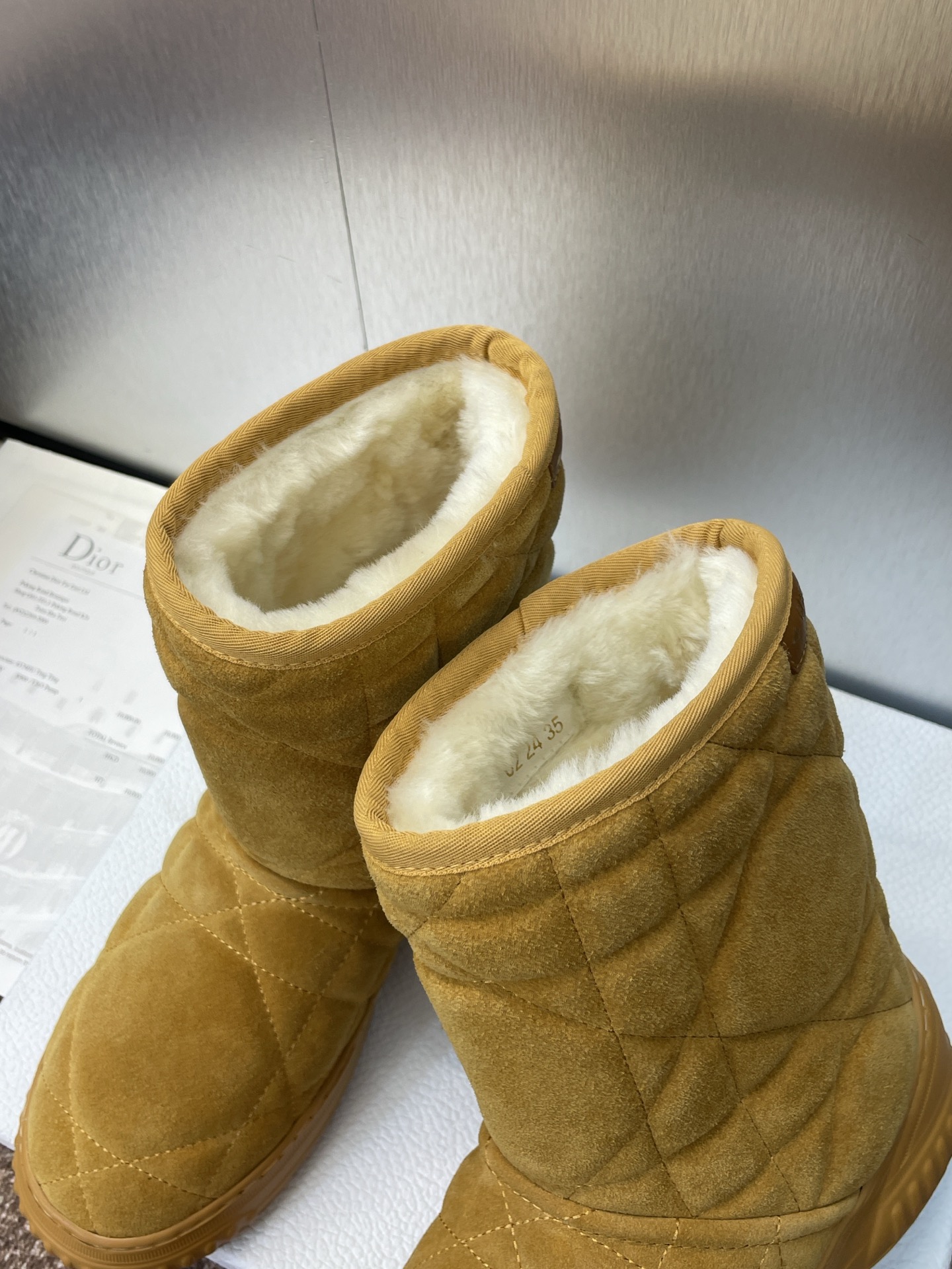 Bagsaaa D10r Frost Ankle Boot Beige Cannage Suede and Ecru Lambskin Shearling