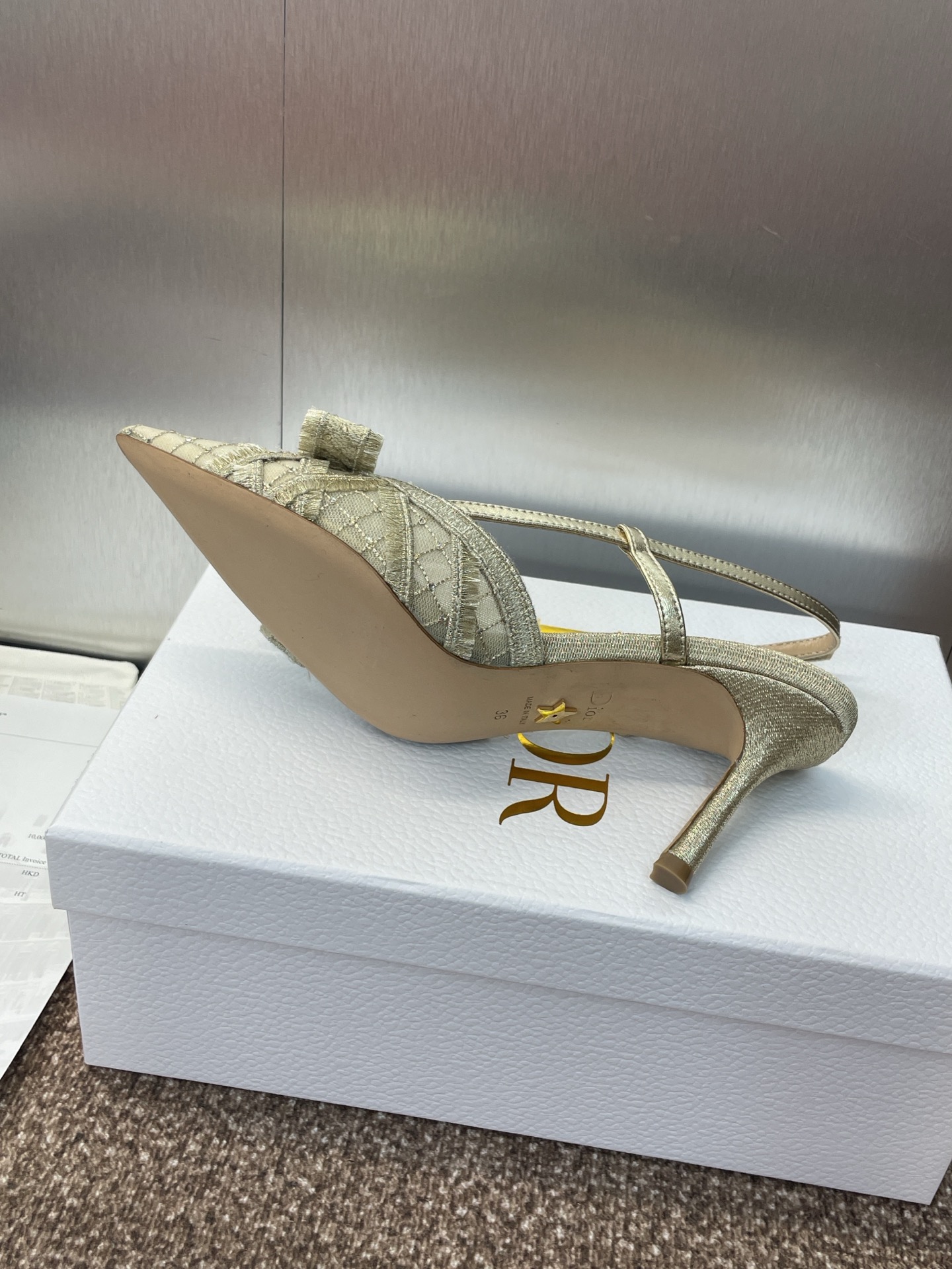 Bagsaaa D10r AD10rable Slingback Pump Transparent Mesh Embroidered with Gold-Tone Laminated Thread and Strass - 10cm