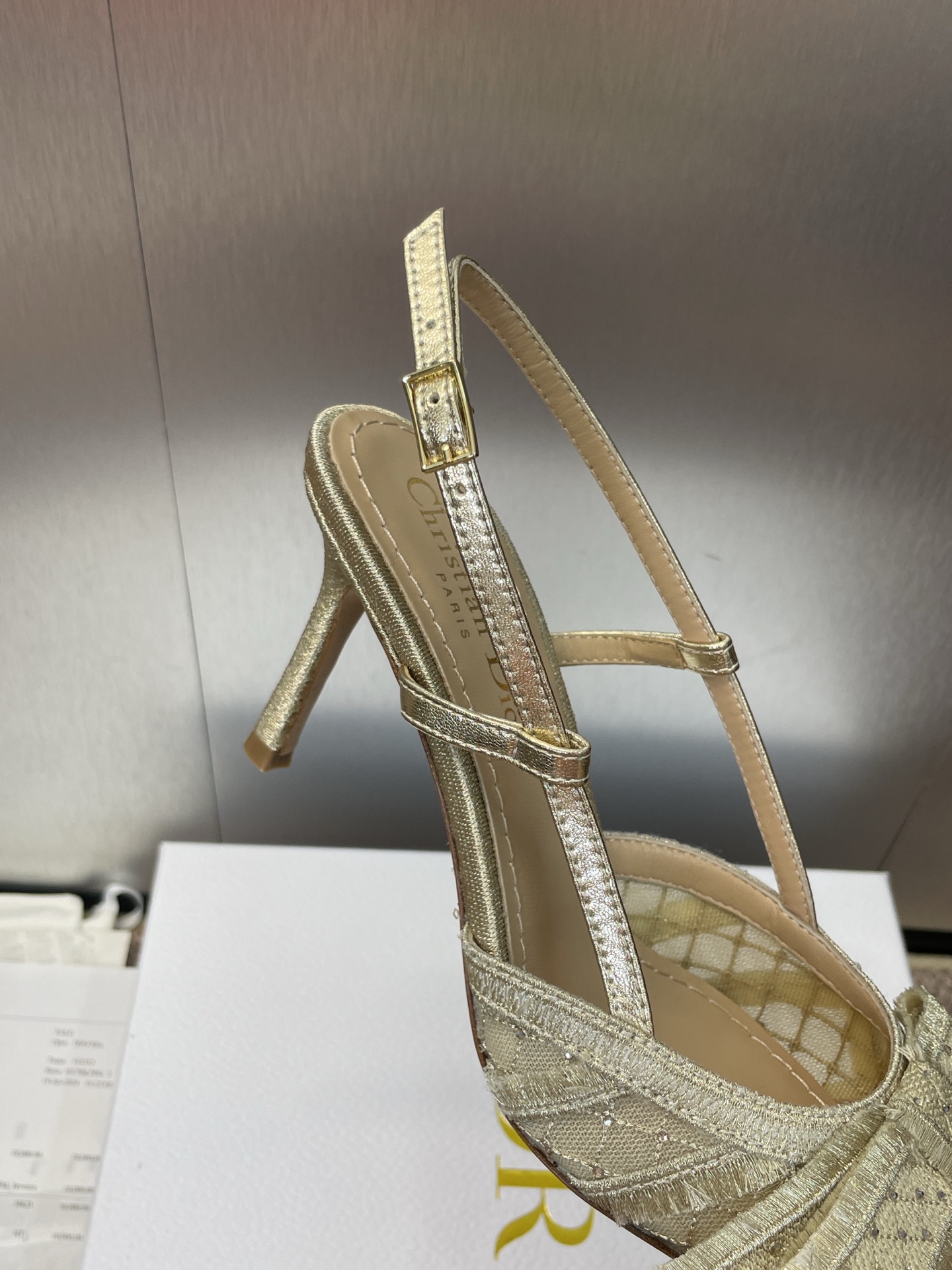 Bagsaaa D10r AD10rable Slingback Pump Transparent Mesh Embroidered with Gold-Tone Laminated Thread and Strass - 10cm