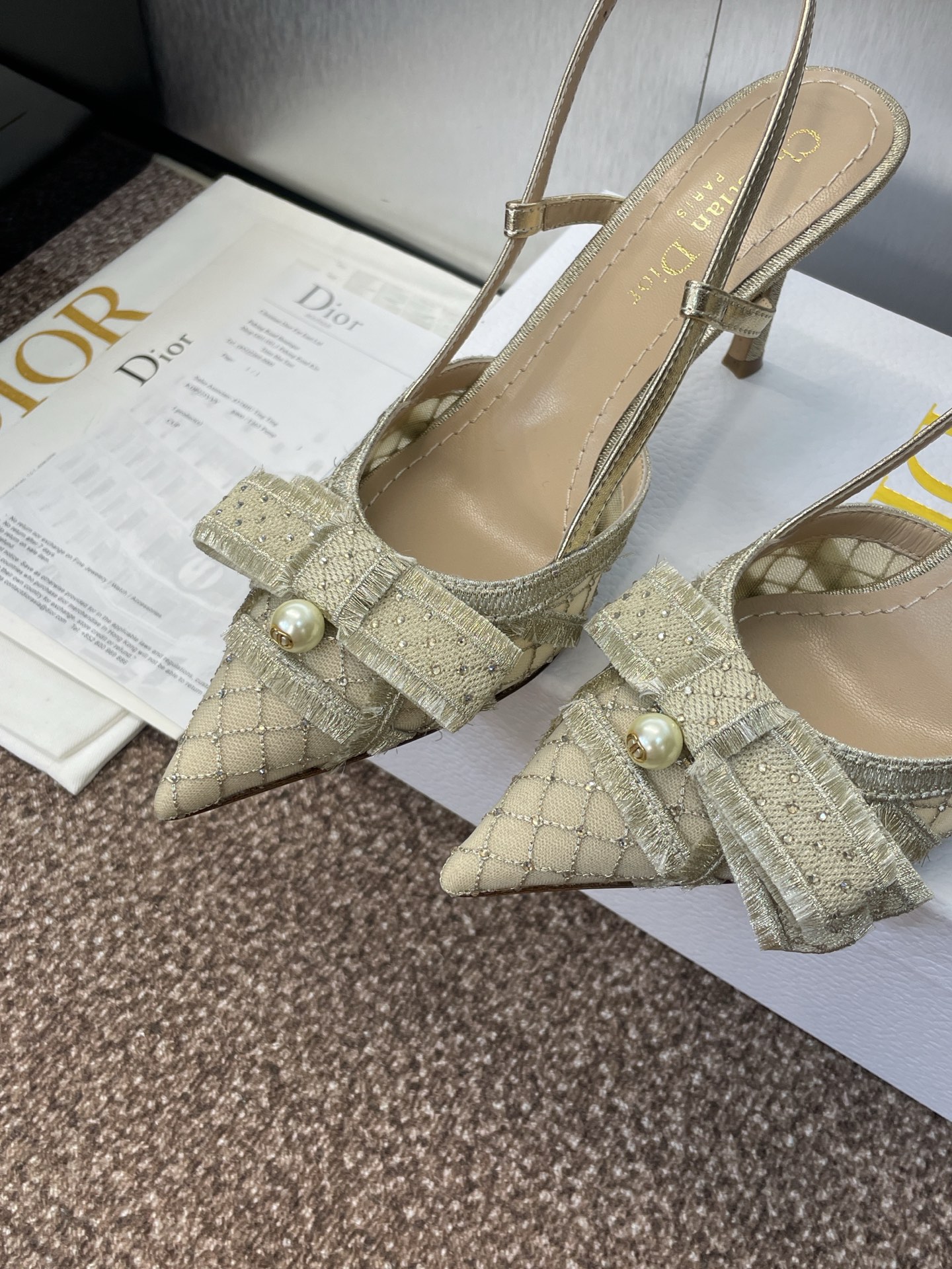 Bagsaaa D10r AD10rable Slingback Pump Transparent Mesh Embroidered with Gold-Tone Laminated Thread and Strass - 10cm
