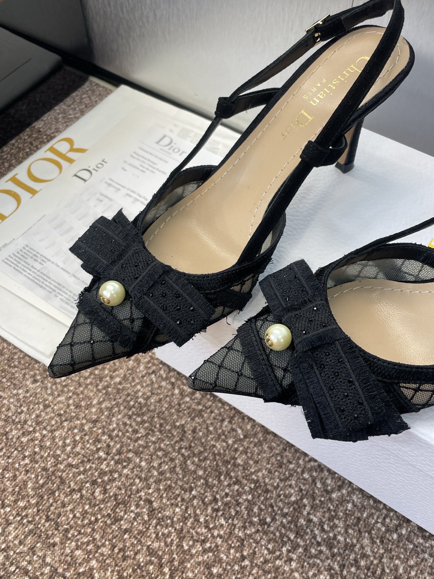 Bagsaaa D10r AD10rable Slingback Pump Transparent Mesh Embroidered with Black Cotton Thread and Strass - 10cm