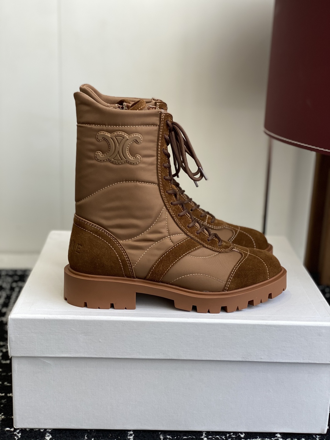 Bagsaaa Ce1i*e Margaret Boot In Nylon and Suede Calfskin 365115 dark beige