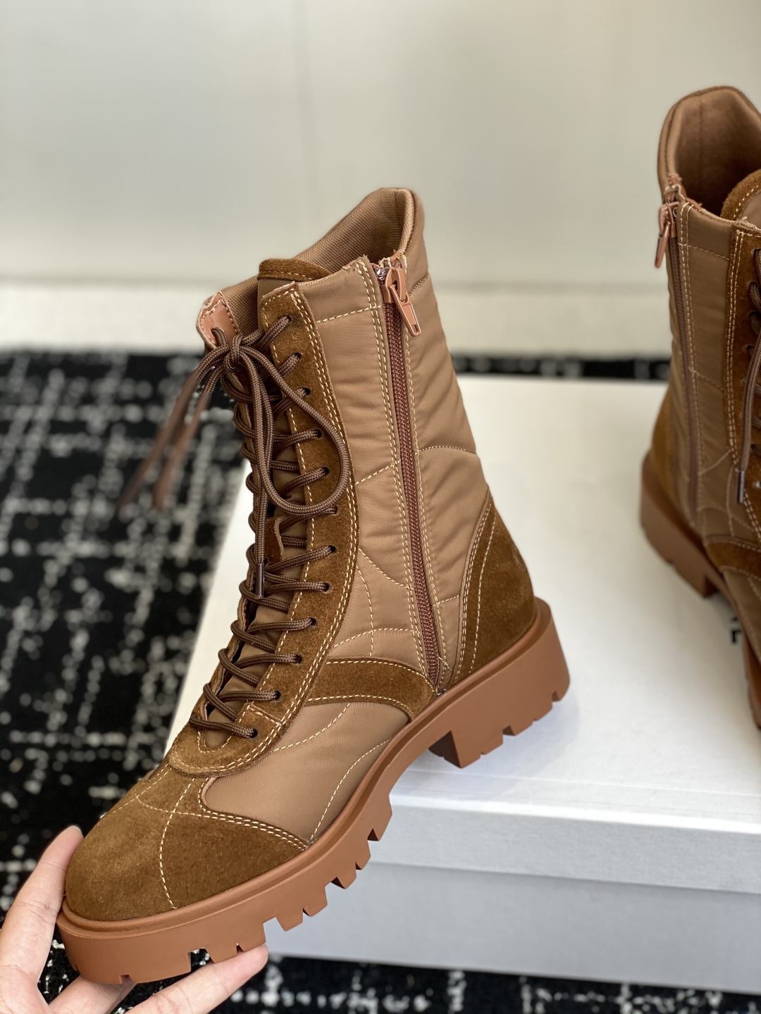 Bagsaaa Ce1i*e Margaret Boot In Nylon and Suede Calfskin 365115 dark beige
