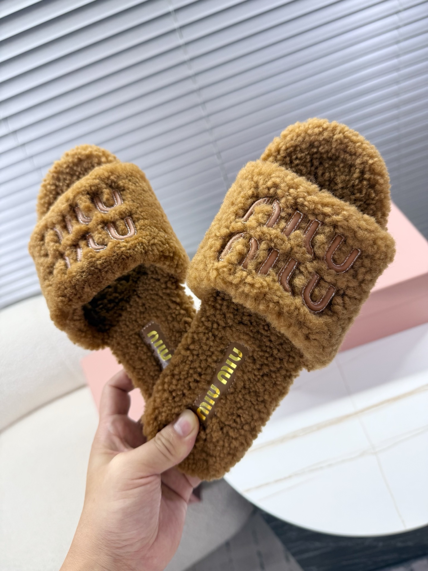 Bagsaaa Miu Miu Shearling slides brown