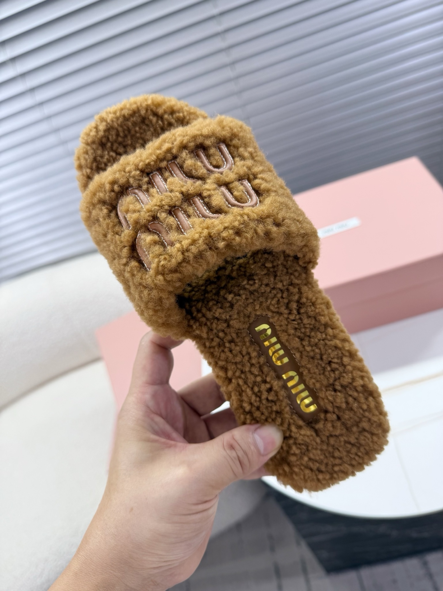 Bagsaaa Miu Miu Shearling slides brown