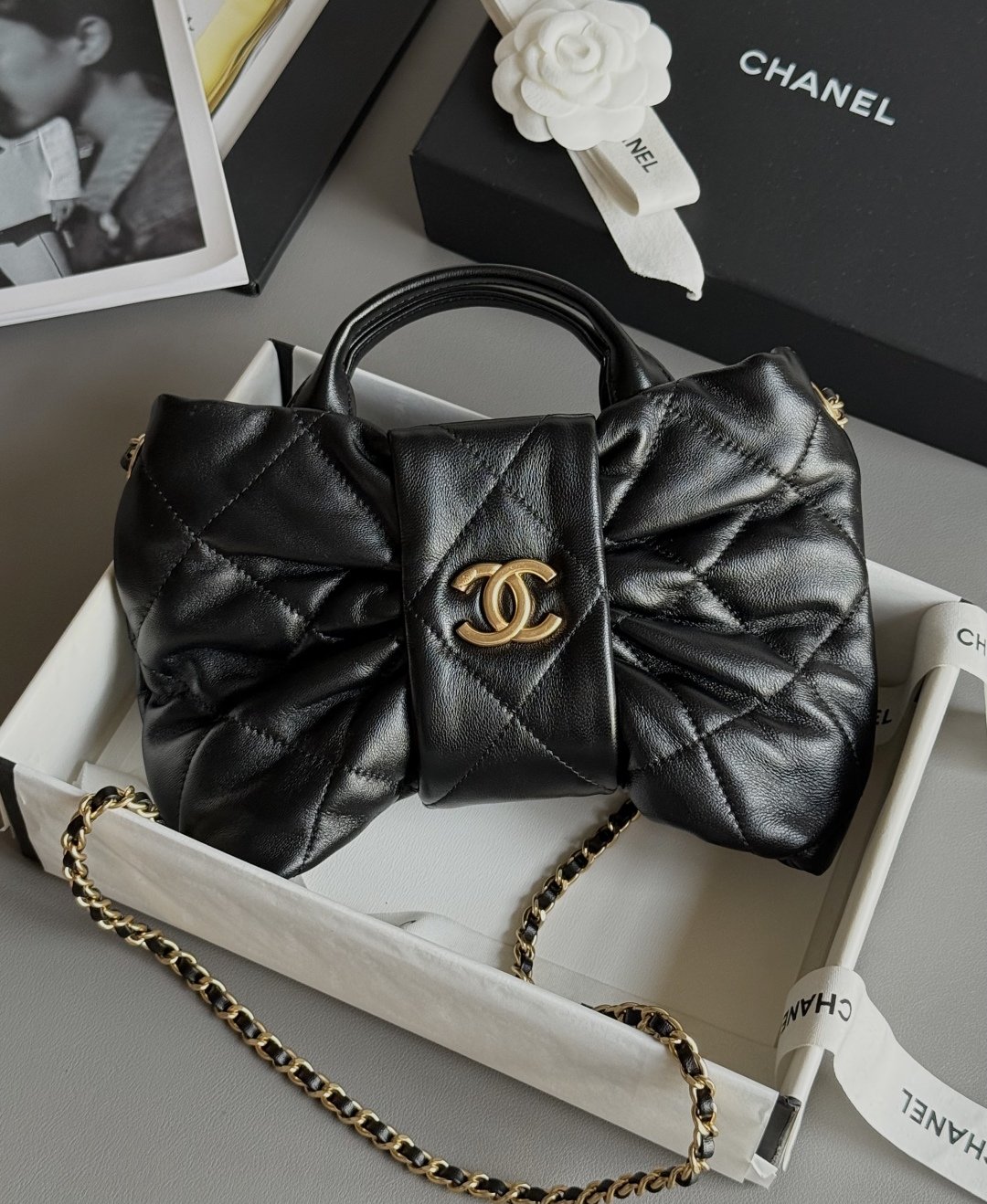 Bagsaaa Ch**el Mini Bow Bag AS5849 Black Lambskin - 26cm