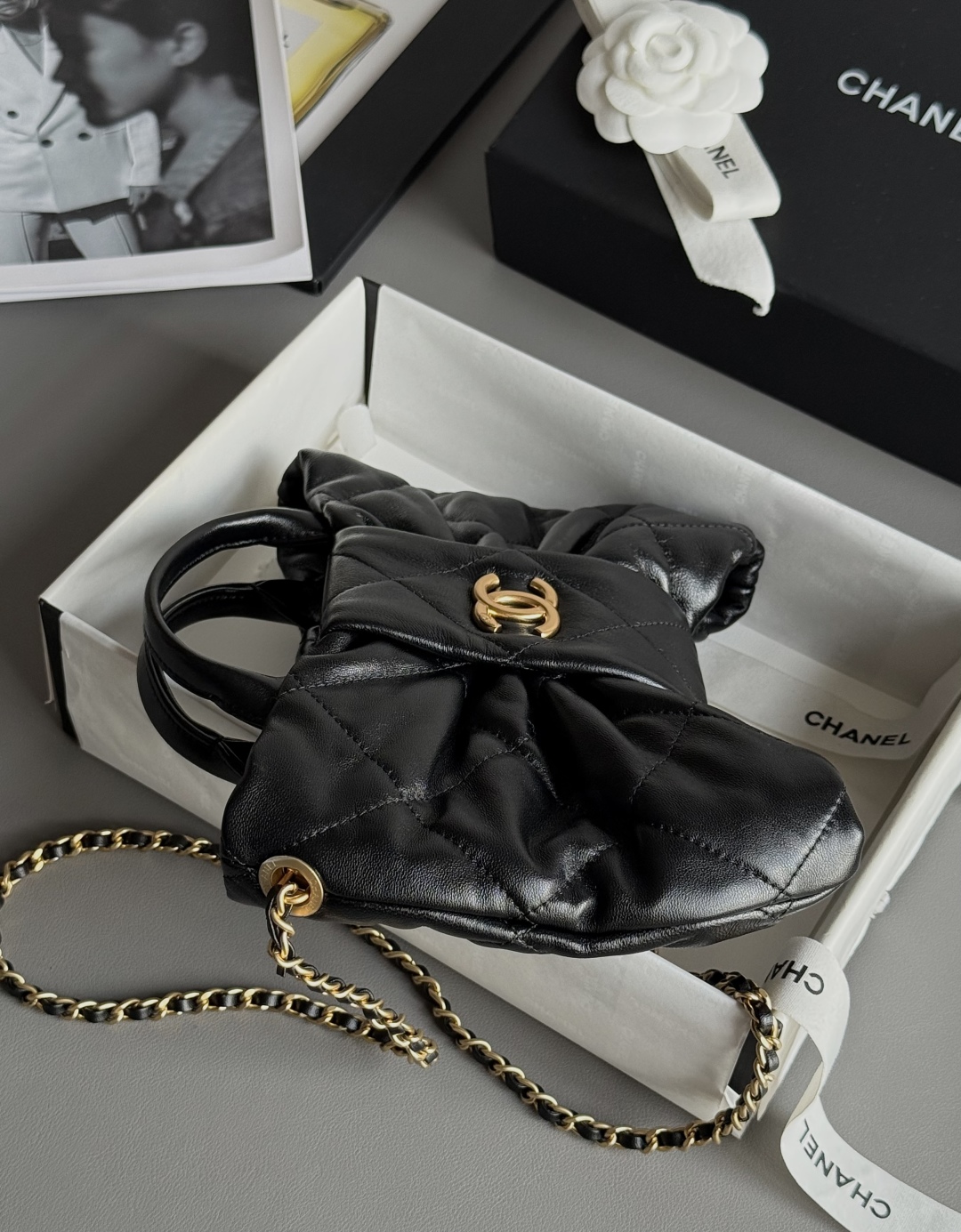 Bagsaaa Ch**el Mini Bow Bag AS5849 Black Lambskin - 26cm