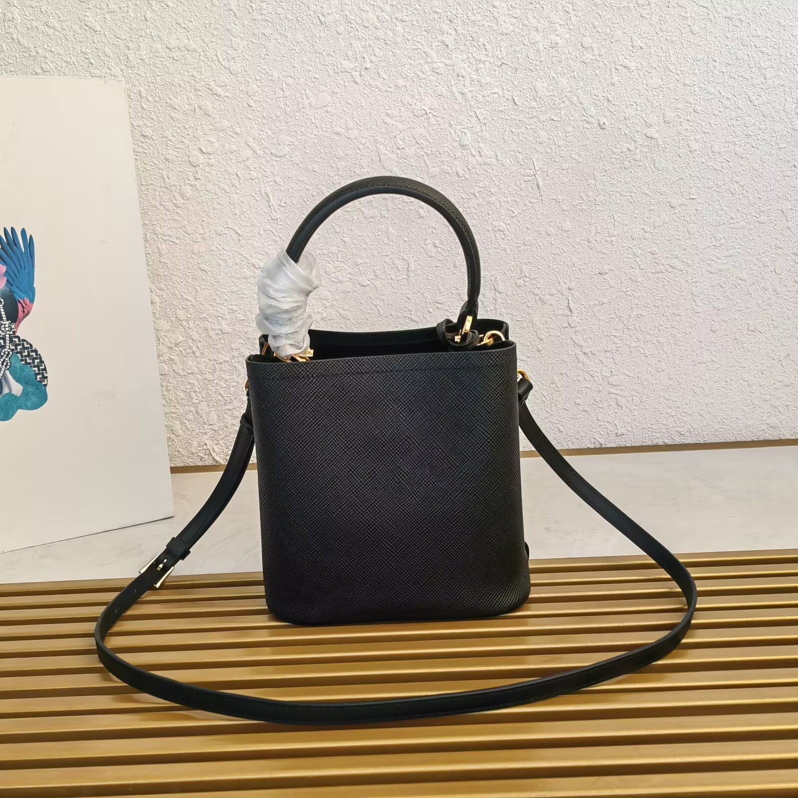 Bagsaaa Pra*a Panier mini Saffiano leather bag 1BA217 Black - 18cm
